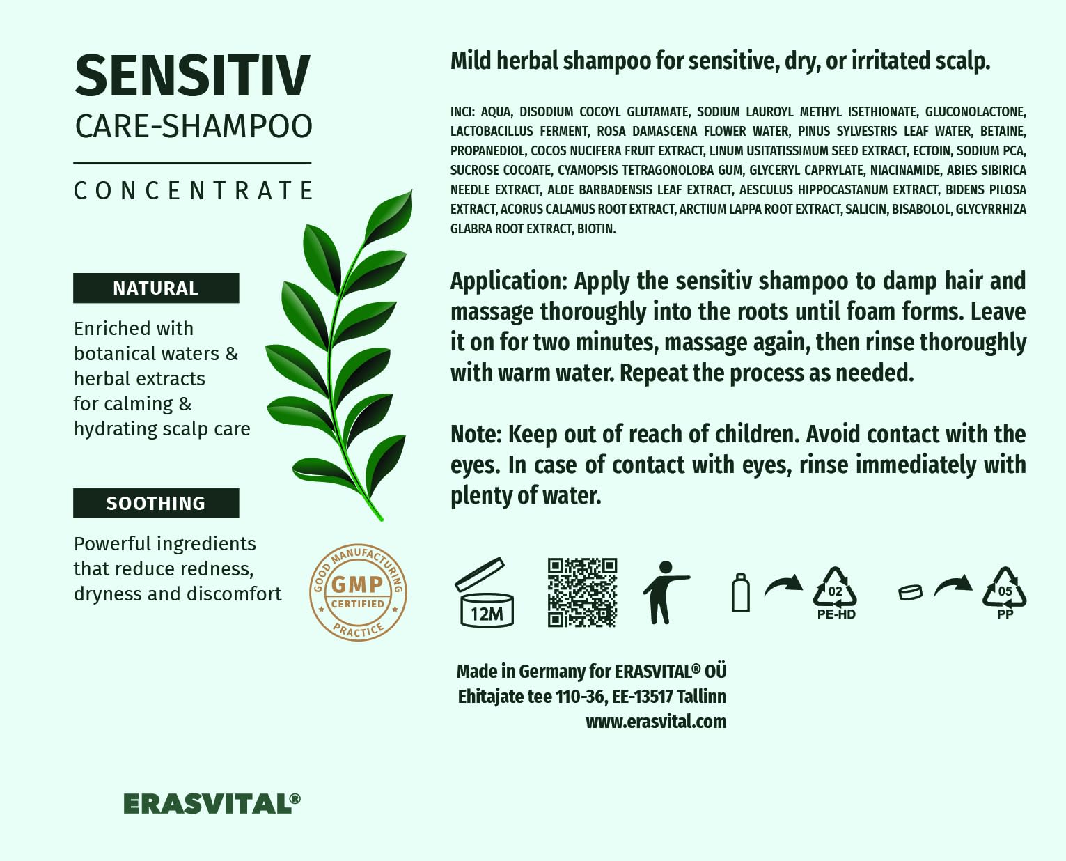 Shampoo delicato alle erbe con ectoina per cuoio capelluto sensibile, secco o irritato. Vegano (1000 ml)