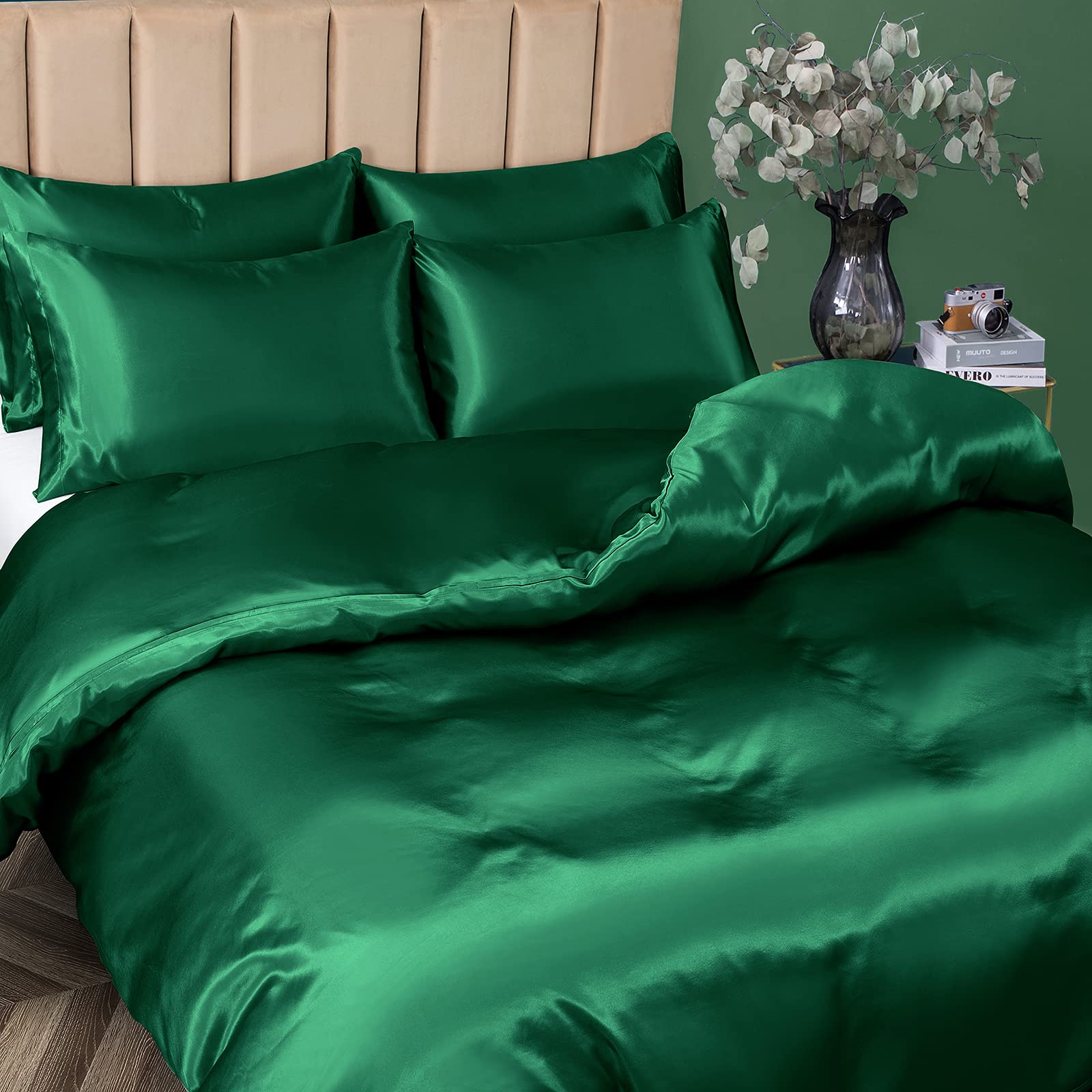Pothuiny 5 Piece Satin Duvet Cover Set, Luxury Silky Emerald Green Duvet + Pillow Cases, Full/Queen Size, Zipper Closure - Image 3