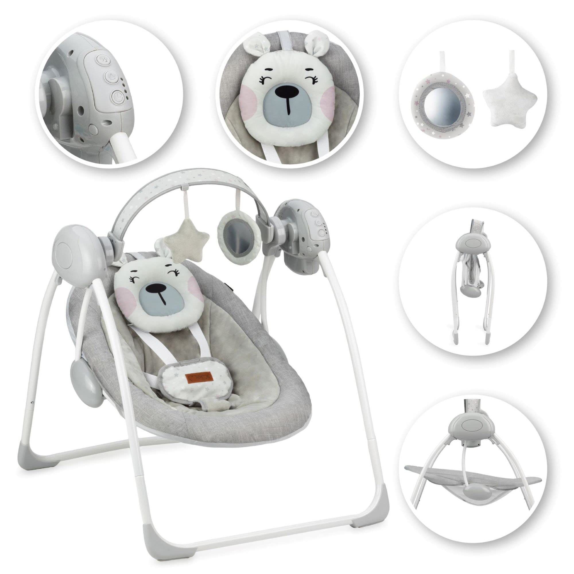 Momi Liss Teddy Pink Rocker con funzione di oscillazione automatica, per bambini fino a 9 kg, con 5 velocità, capacità di regolare l'orario di lavoro, l'alimentazione o le batterie