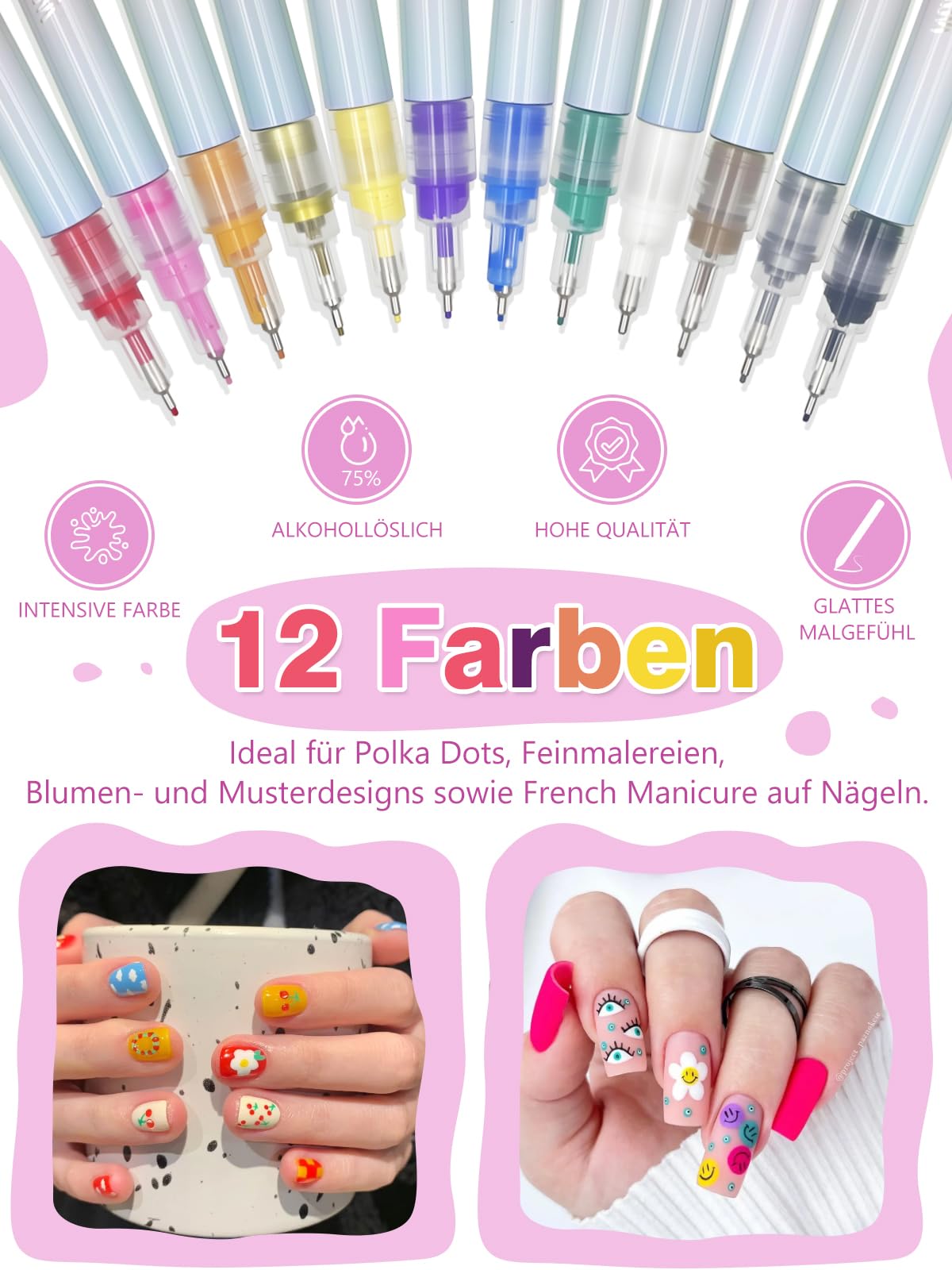 DealKits Nagellack Stifte Set, 12 Farben, Wasserfeste Nagelkunststift, Maniküre Werkzeuge, Graffiti-Punktierungsstift Pinsel für DIY Nagelkunst, Schönheit, Schmuck, Perfekt für Anfänger & Profis