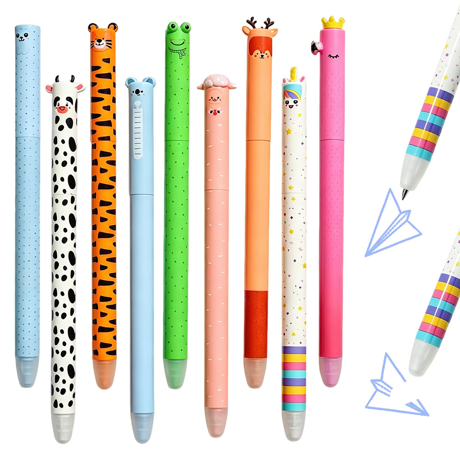 FveVqe 9PCS Erasable Pens, Cute Pens, Smooth Writing Erasable Pen, 0.7mm Cartoon Pattern Animal Pen with Blue Ink for Student School Office Notes Stationery Writing Drawing Supplies