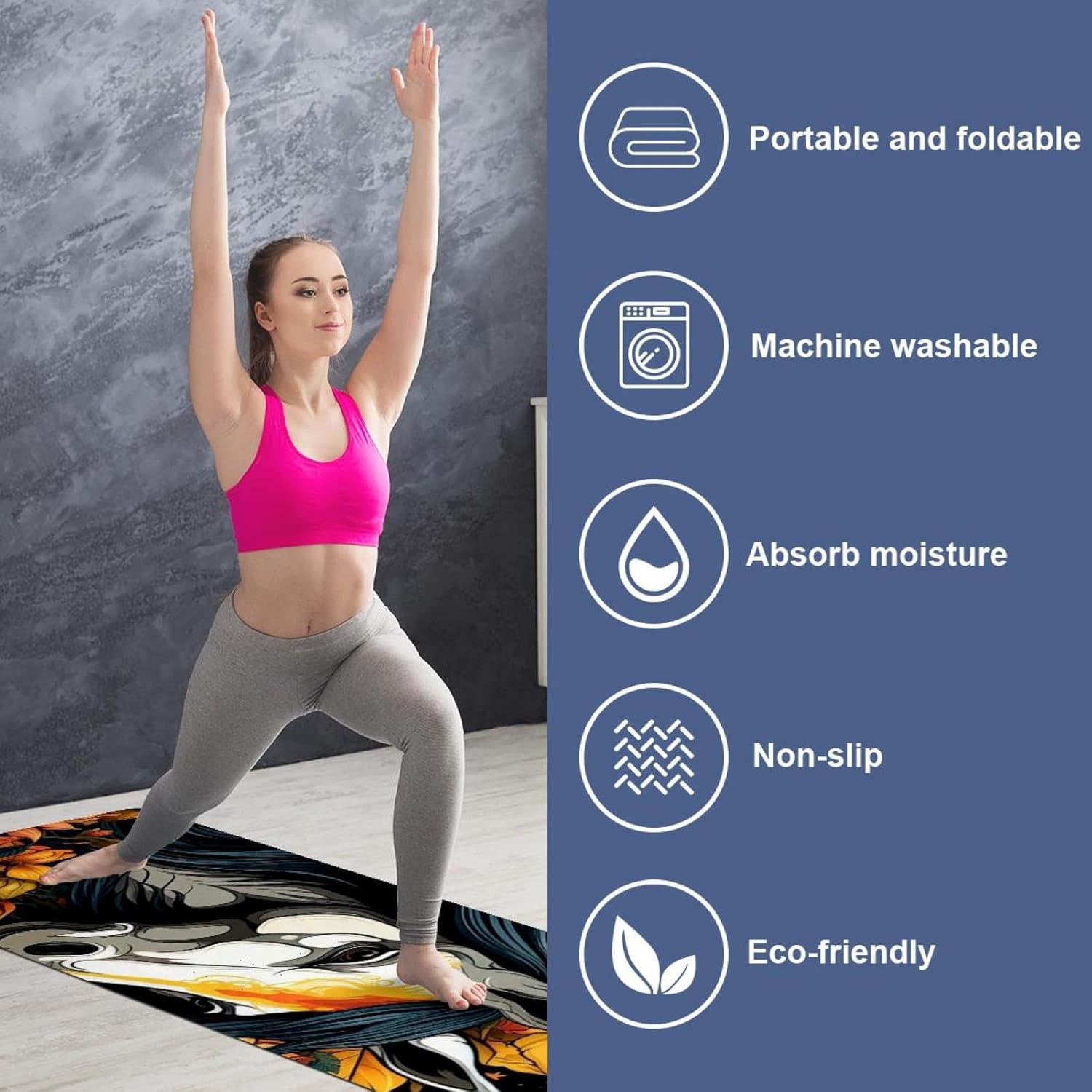 Yoga Towel, Unicorn Skull Horse Sunflower Non Slip Sweat Absorbent Hot Yoga Mat Towel for Hot Yoga, Pilates and Fitness - 72.8" x 26.8"