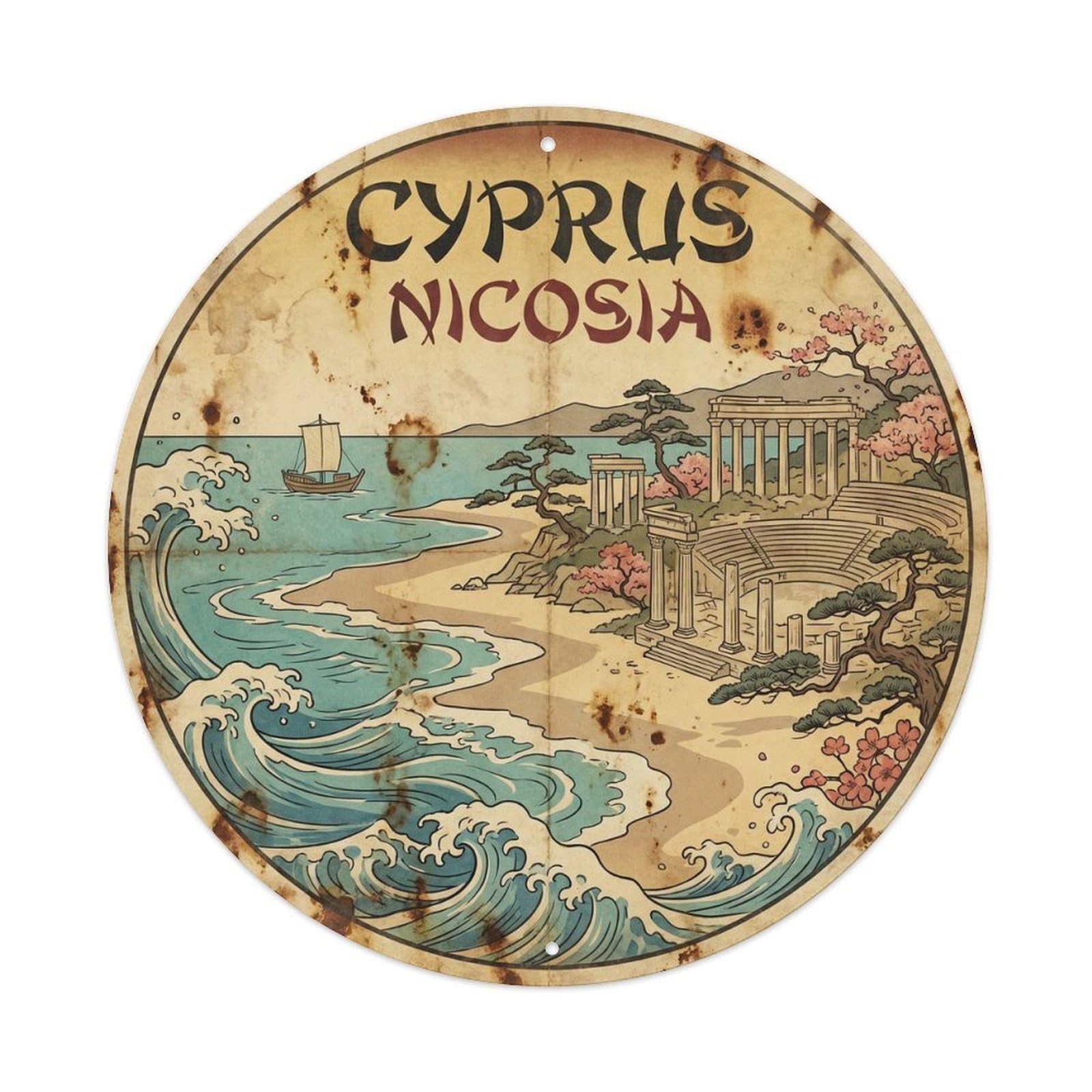 Cyprus Nicosia Coastal Travel Vintage Woodcut Metal Tin Sign