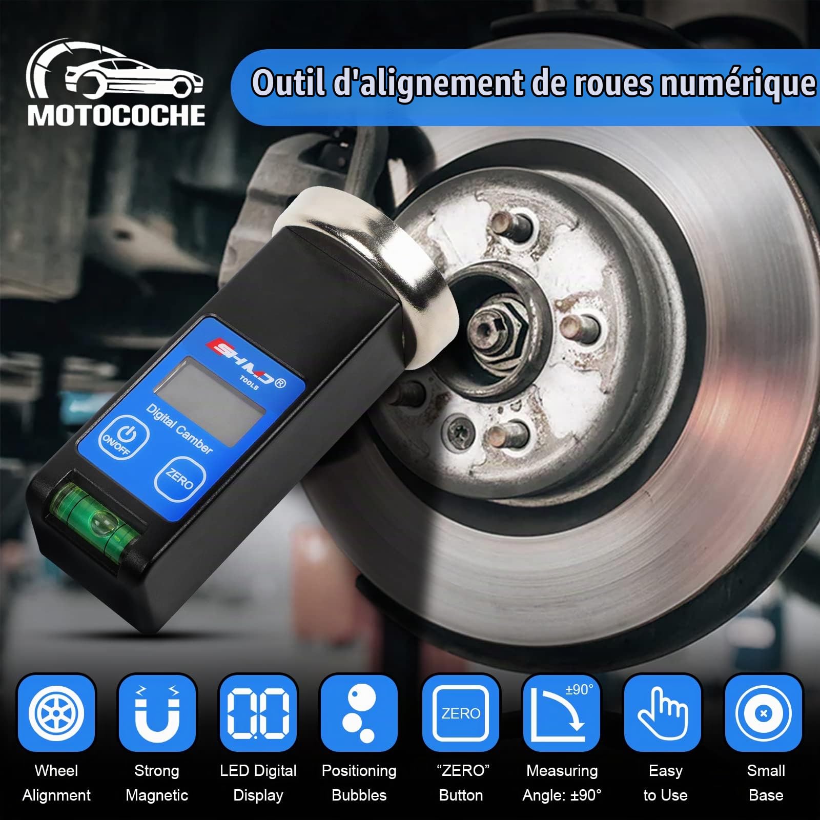 Roue Outil Jauge MagnéTique Avec éCran Led Et Bulle Positionnement, Voiture Réglable Alignement Des Roues Carrossage Pour RéParation Pneus Voiture, Camion, Camping-Car (Plage : -90° à +90°)