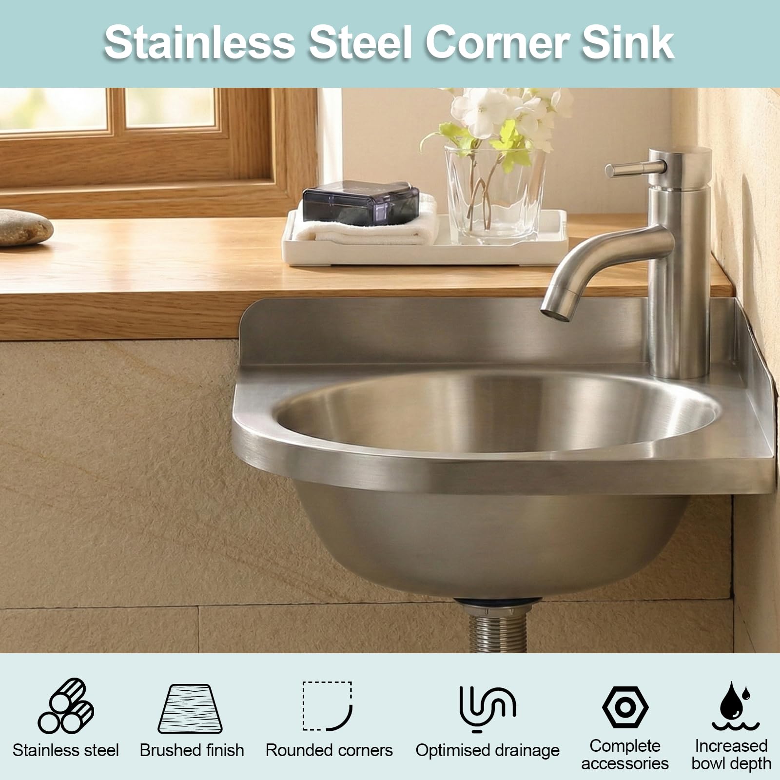 Lavabo angolare in acciaio inox con rubinetti per acqua calda e fredda, 21 x 21 x 15 cm, montaggio a parete, triangolare, salvaspazio, lavello singolo per cucina, camper, bagno, toilette