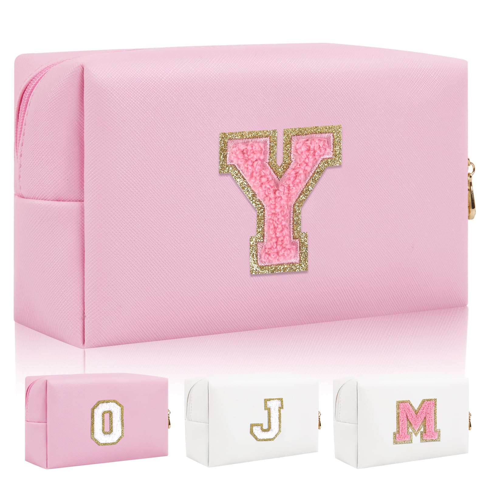 Personalized Initial Letter Patch Makeup Bag, Preppy Small Chenille Letter Cosmetic Bag with Zipper, PU Leather Waterproof Travel Toiletry Bag Monogram Make Up Pouch for Women Girls(Letter Y)