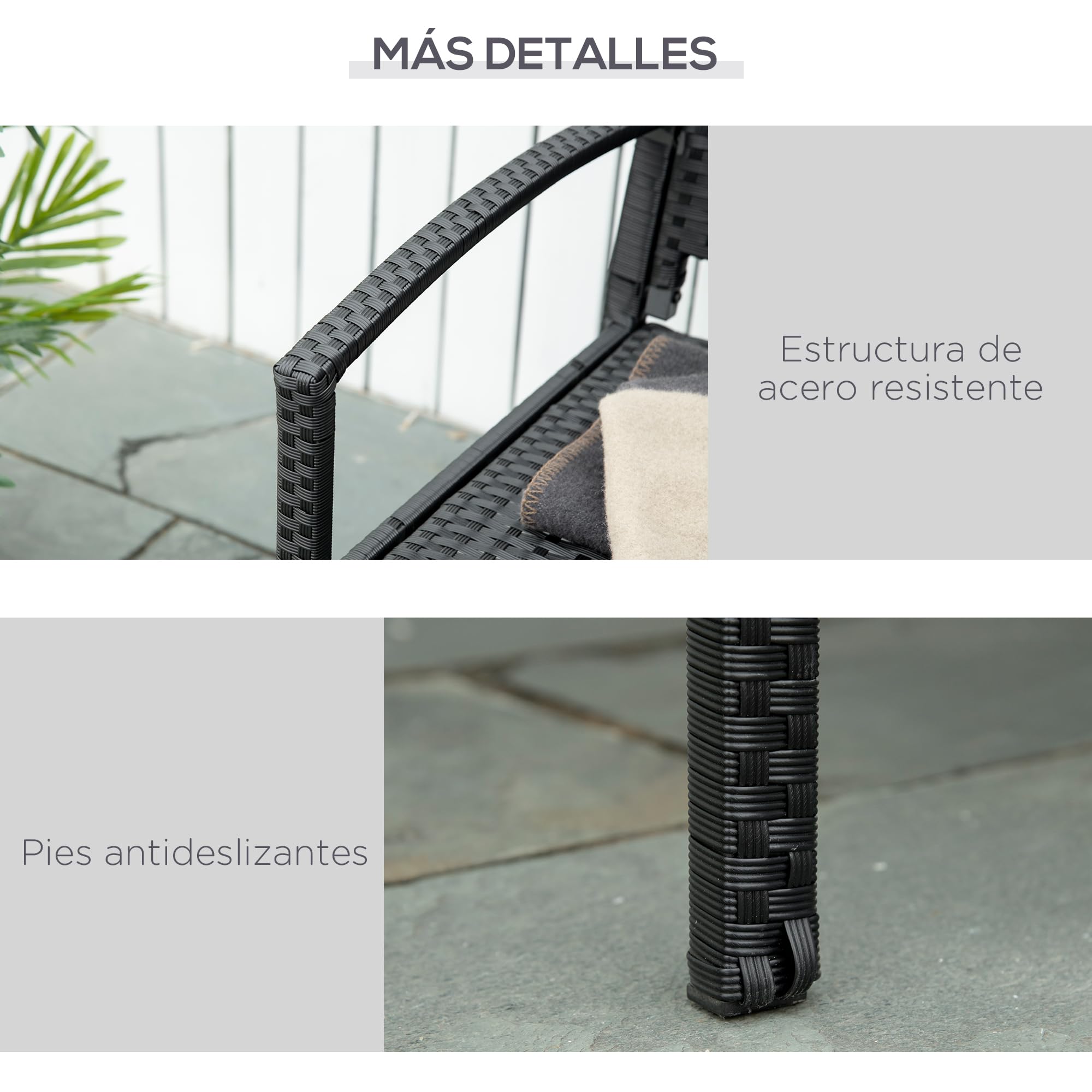 Outsunny Banco Jardín Lounge Silla 2 Plazas Muebles para Jardín Exterior Terraza 2 Plazas Ratán Sintético Carga 240kg 122x60x85 cm Marco Acero