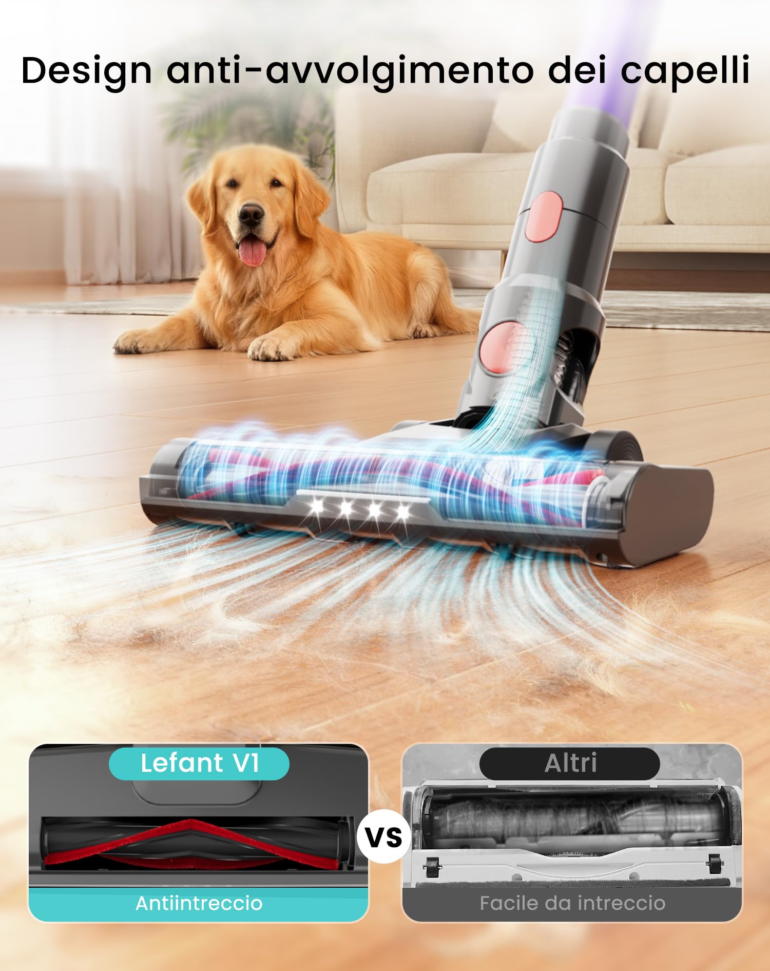 LEFANT V1 Aspirapolvere Senza Fili, 40000Pa Scopa Elettrica Senza Fili Potente, Touch Intelligente LED, Filtro a 5 Stadi, Autonomia 42 Min, Design Autoportante, per Pavimenti/Tappeti/Peli Animali