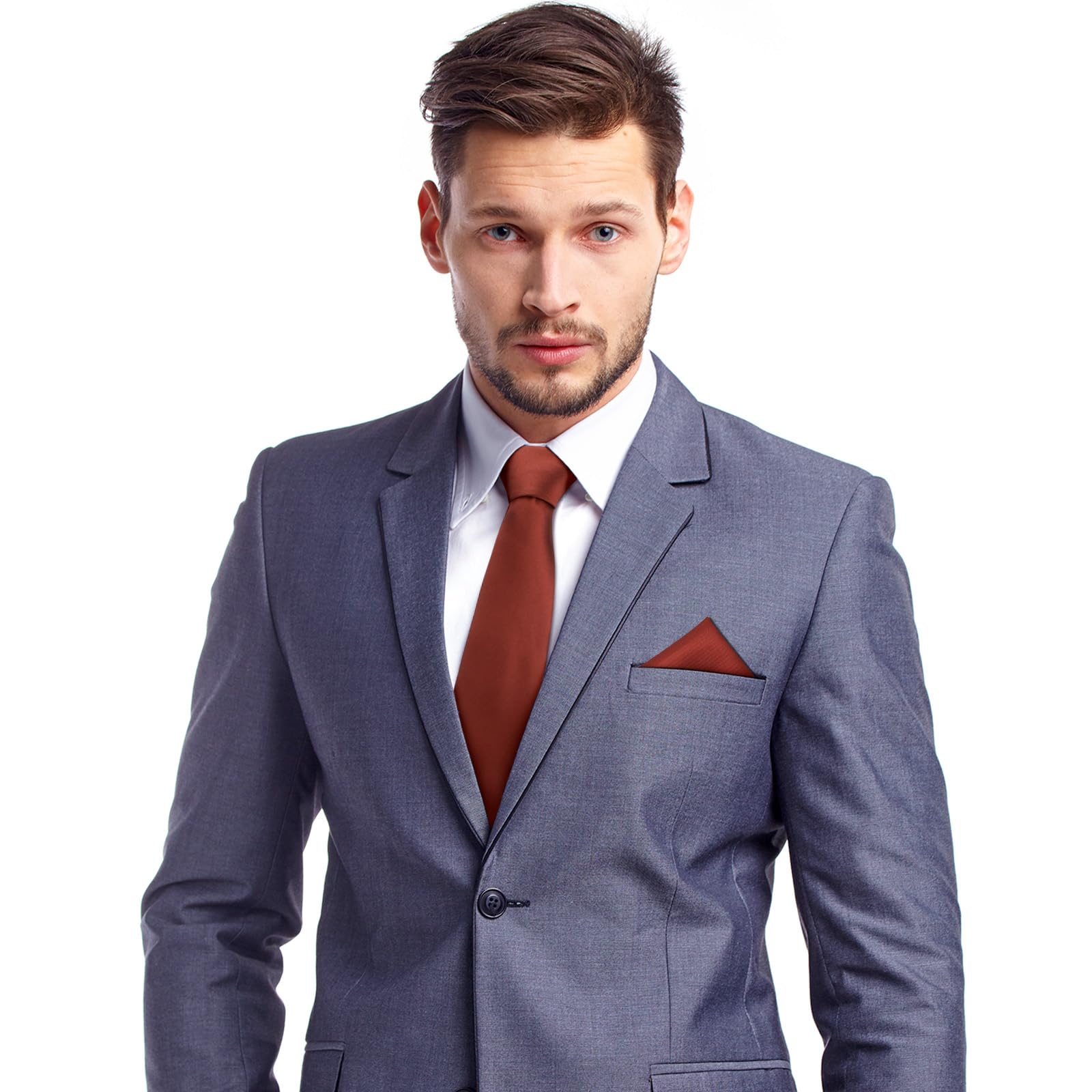 Juego de 2 corbatas y pañuelos de color liso canela, corbata formal y pañuelo de bolsillo para hombre, corbata y pañuelo de bolsillo para bodas, novios, padrinos de boda, bailes, regalos, 5