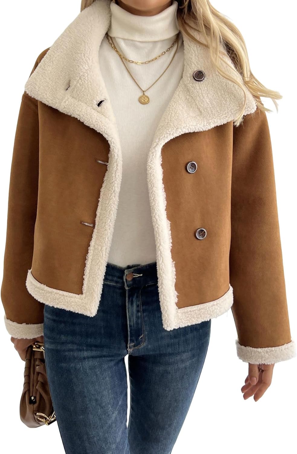 utcoco Women's Reversible Faux Shearling Jacket Button Down Faux Suede Short Coat Fall Winter Casual Outerwear