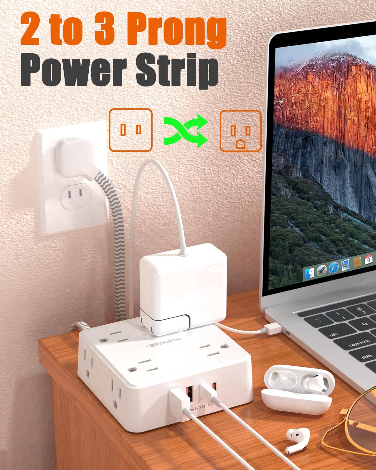 2 Prong Power Strip, WRXDMC 2 Prong to 3 Prong Outlet Adapter, 1400J Two Prong Surge Protector, 5ft Braided Extension Cord with Thin Flat Polarized Plug, 8 AC&4 USB, Wall Mountable for Old House