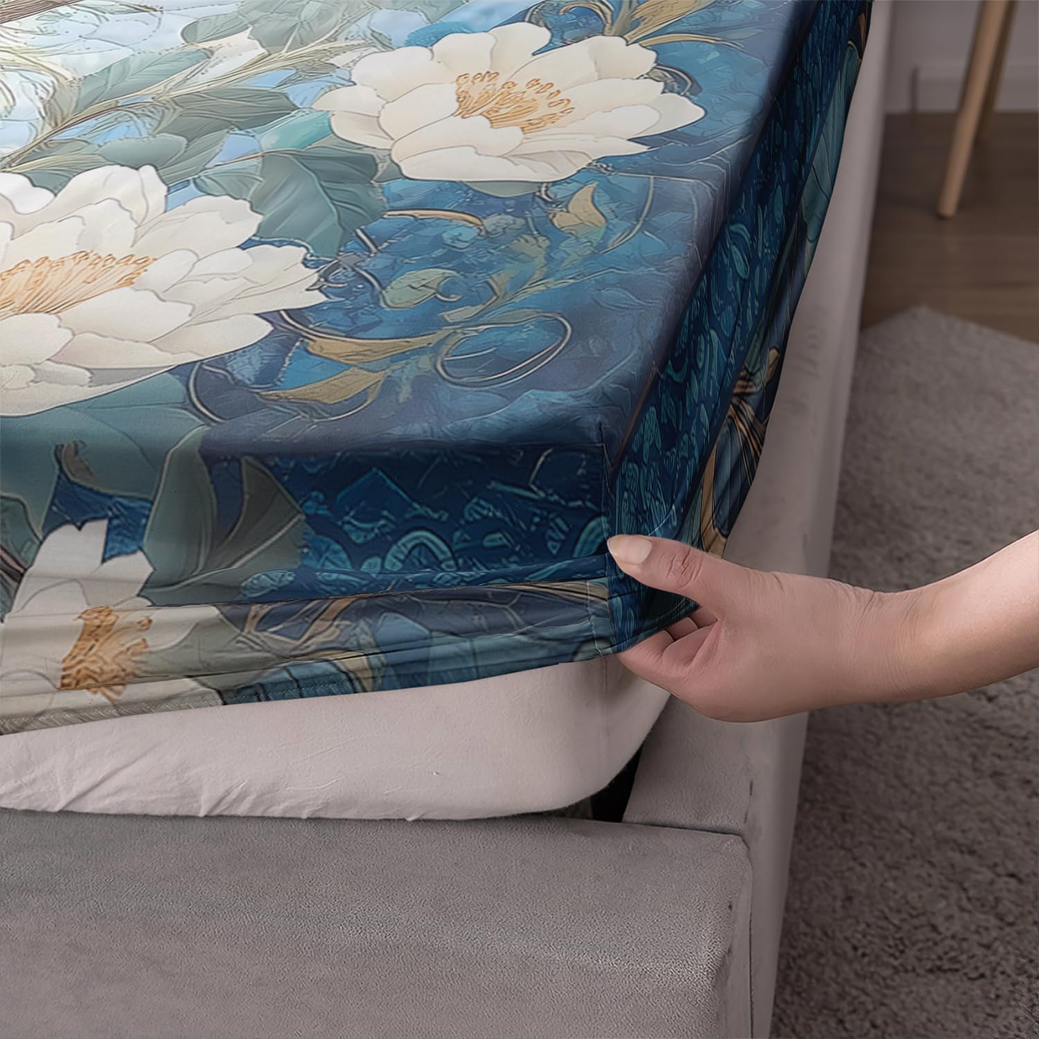 AILONEN Blue Peacock Fitted Sheet Set,Floral Bedding Set Animal Feather for Girls,Women Queen Size,Victorian Style Flower Birds Bedsheets Set,3-Piece, 1 Sheet Set and 2 Pillowcases