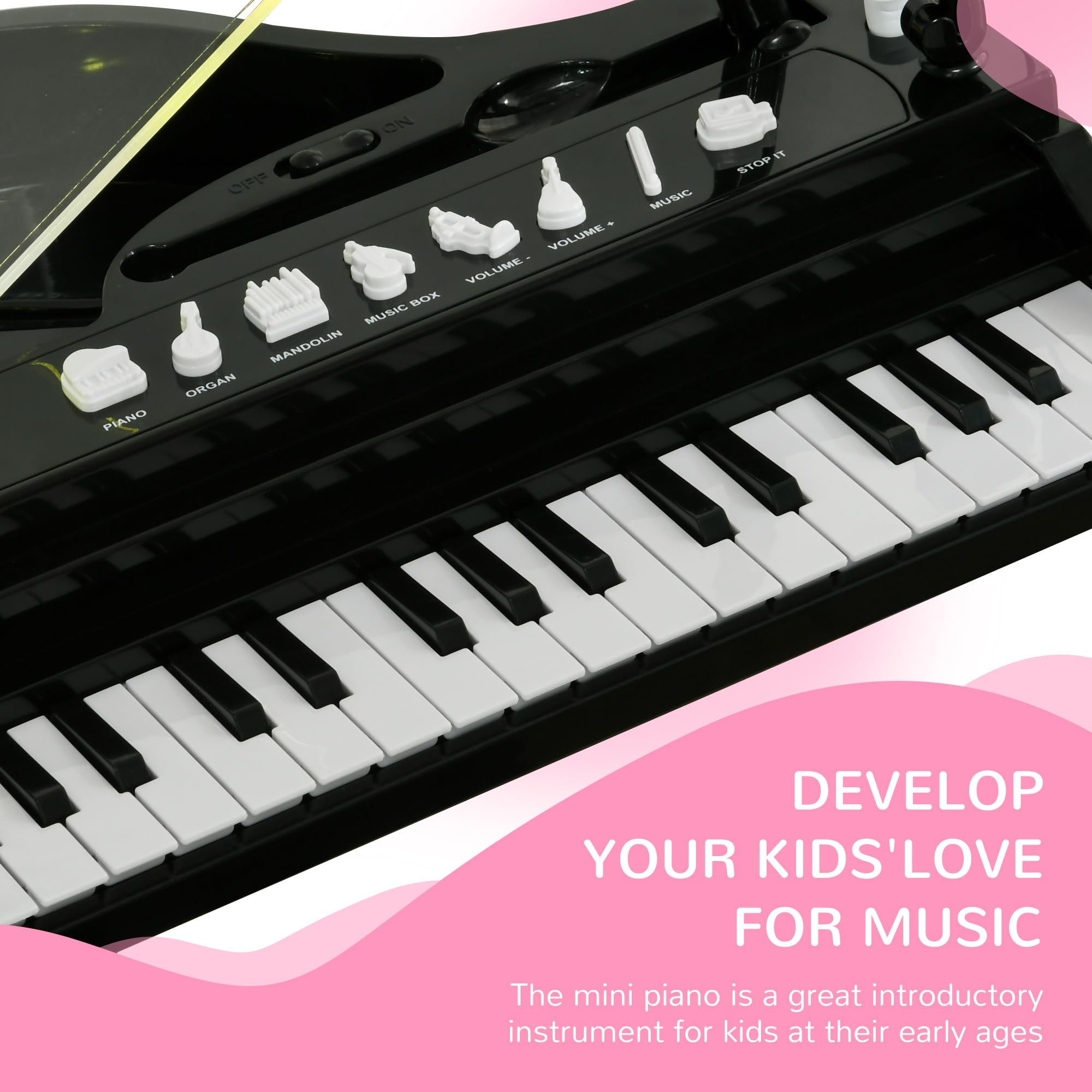 AIYAPLAY Piano Electrónico Infantil de 32 Teclas Juego de Piano con Micrófono Taburete Luces 22 Canciones 4 Sonidos Patas Desmontables y Volumen Ajustable 37x30,5x60,4 cm Negro