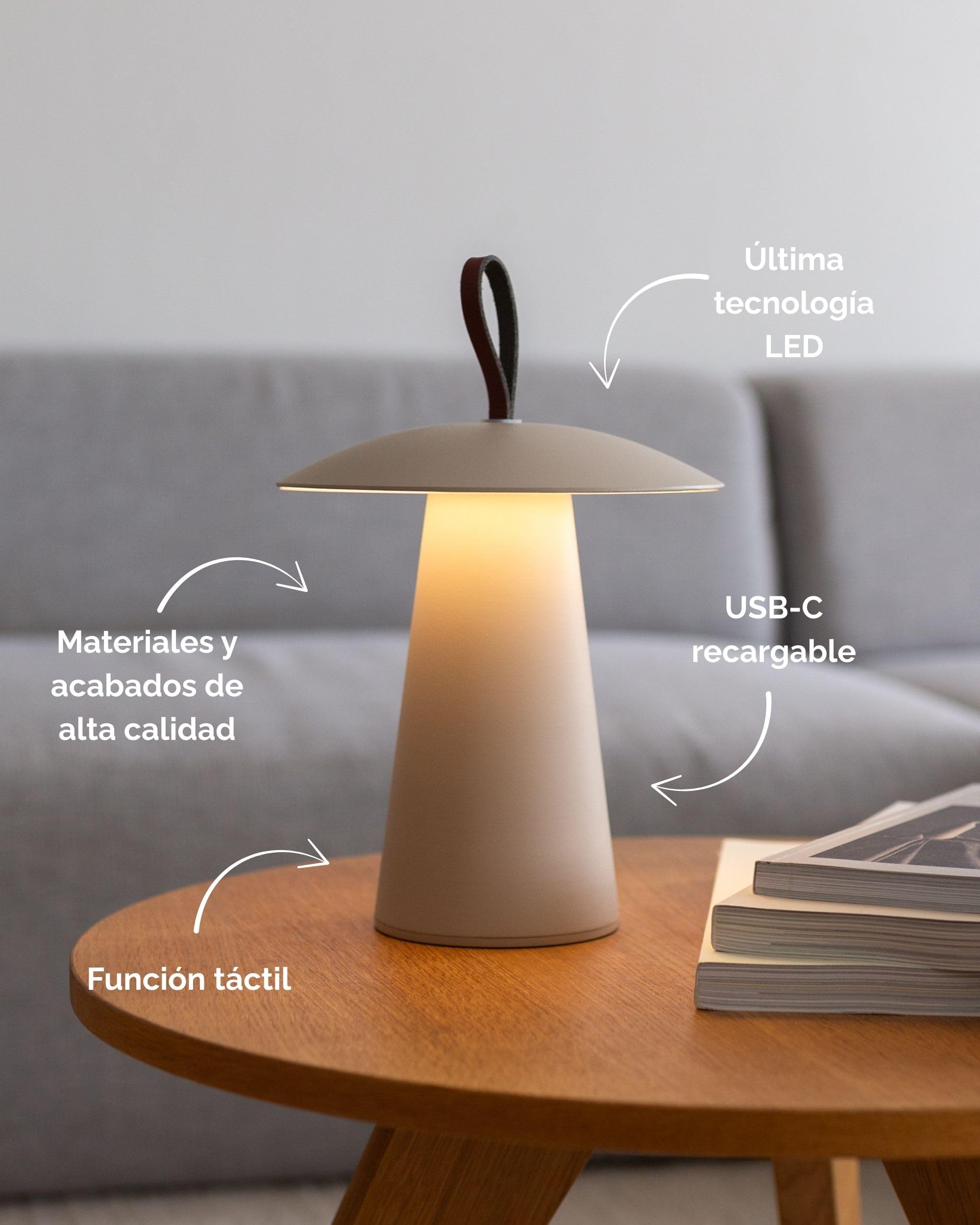 LUUK Studio Lámpara de Mesa LED Forma de Seta Inalámbrica, Recargable con Batería de Hasta 120h de Autonomía, USB-C, IP54, Lámpara Decorativa Moderna para Interior, Dormitorio, Exterior, Beige
