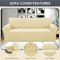 Vista 2 de Funda elástica para sofá, lavable, protector de muebles con espuma antideslizante y parte inferior elástica para niños, perros (sofá biplaza/beige)