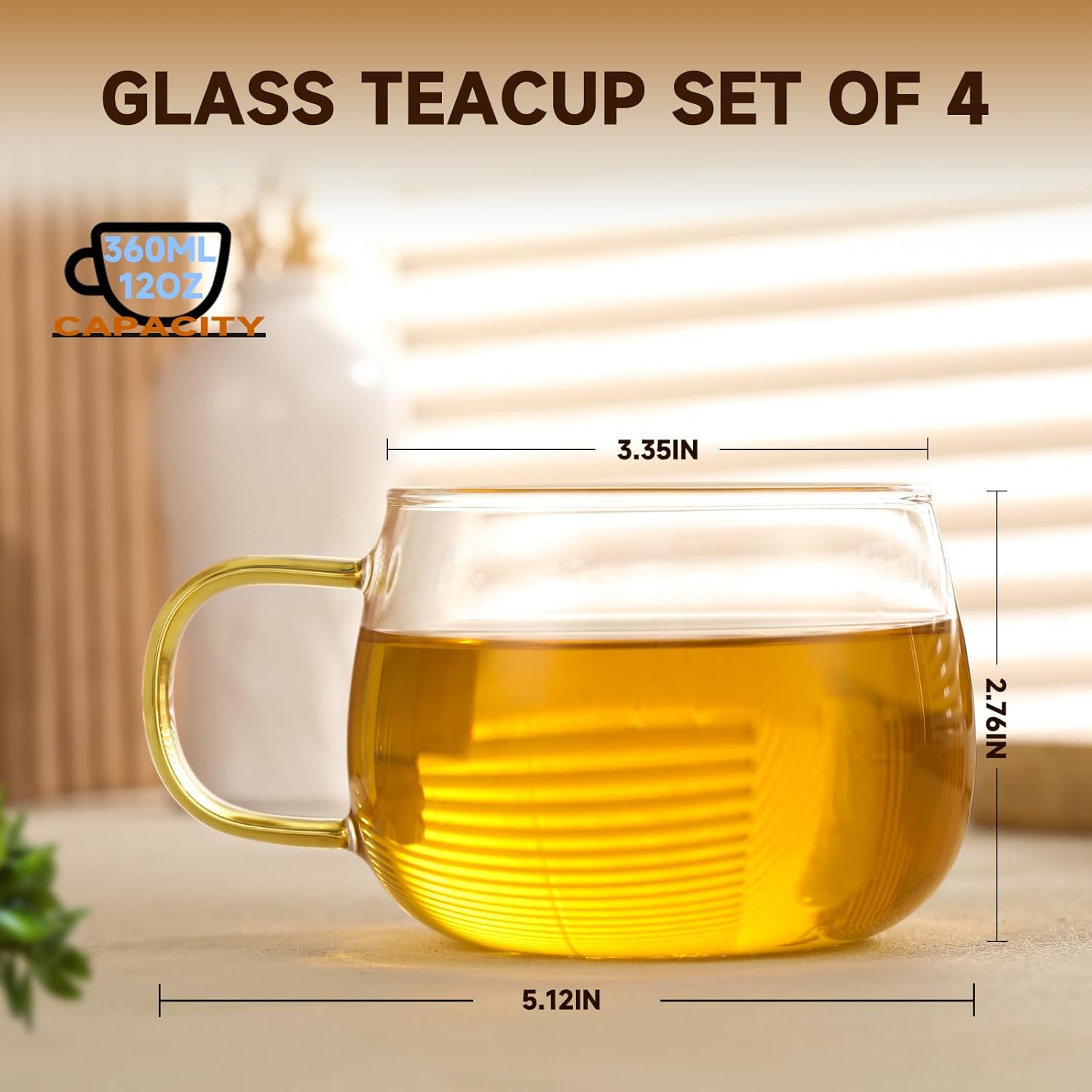 Glass Tea Cups Set of 4, Clear Borosilicate Glass Teacups with Colorful Handle for Tealover, Dishwasher & Microwave Safe Large Coffee Mugs for Espresso Cappuccino Latte Juice, 12OZ/360ML - Image 7