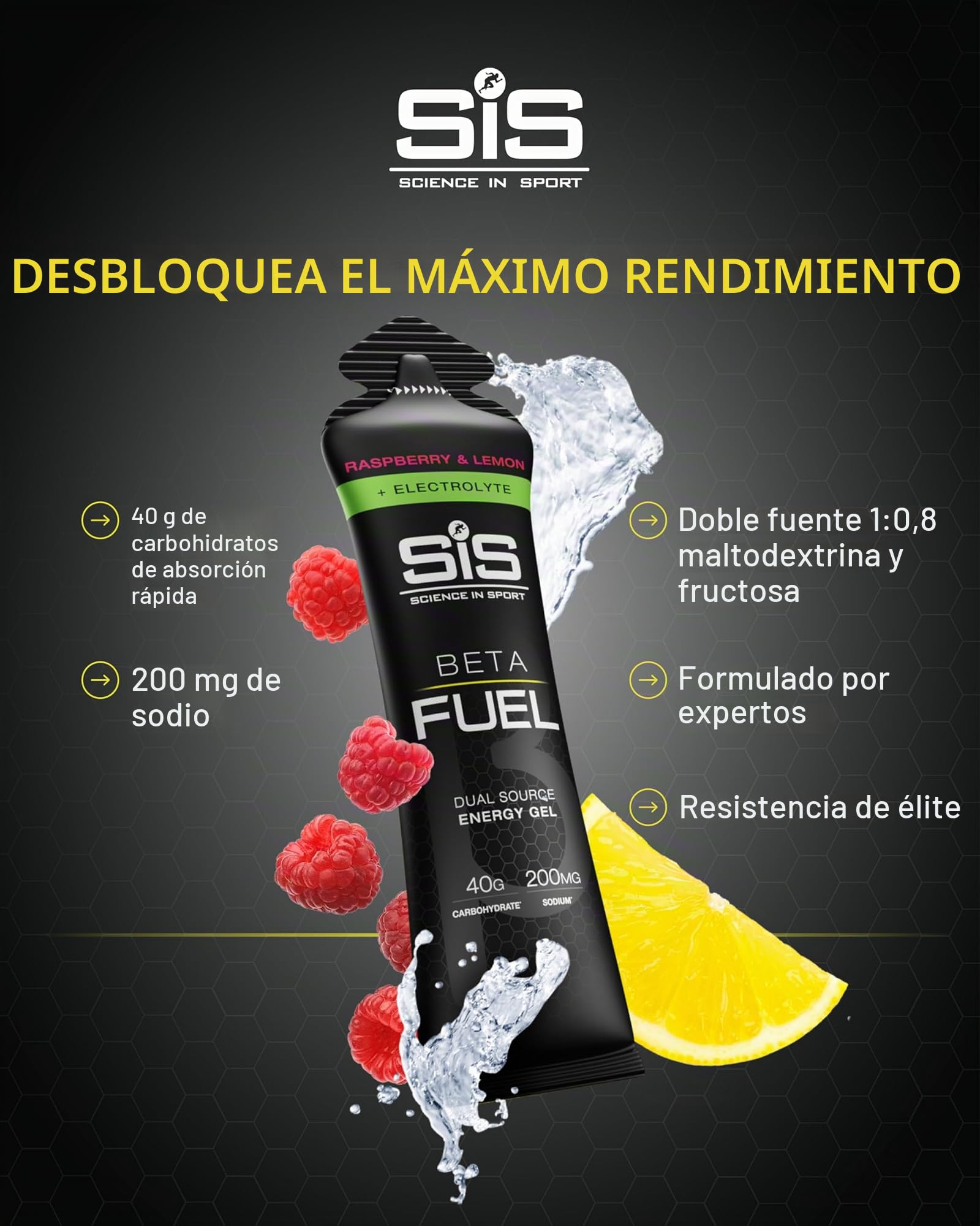 Science in Sport BETA Fuel + Electrolyte Gel – frambuesa y limón | 40g carbohidratos, 200mg sodio – ideal para resistencia e hidratación (paquete de 30)
