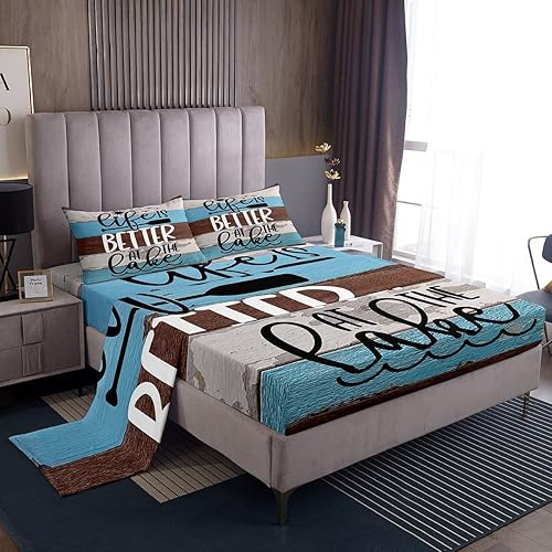 Lake House Bed Sheet Queen Set Rustic Farmhouse Sheets Sets Adults Bedroom Decor Blue Brown Wooden Microfiber Bedding Set with Flat,Fitted Sheet,2