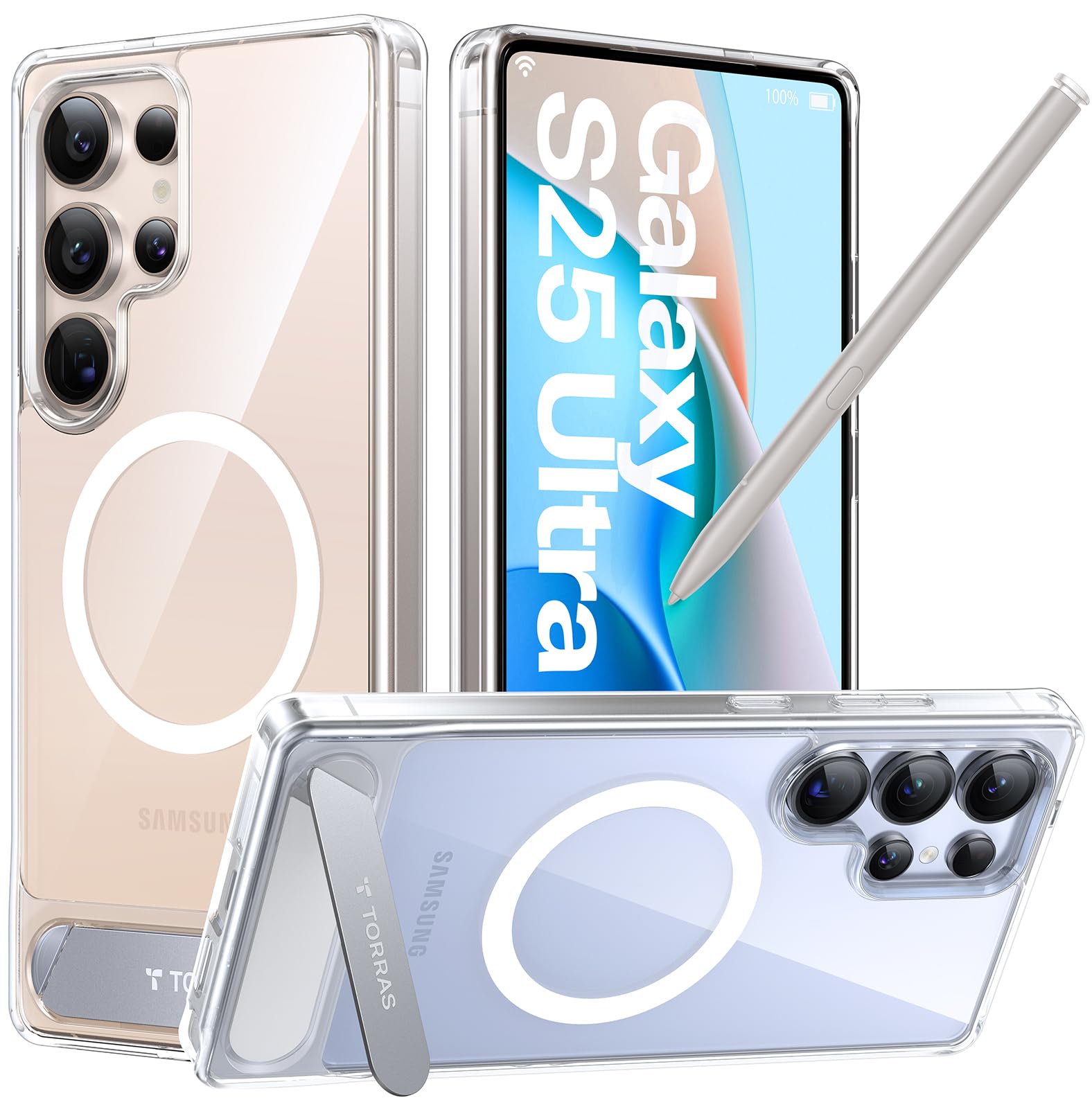 TORRAS Strong Magnetic & Seamless Stand for Samsung Galaxy S25 Ultra Case for MagSafe, Mil-Grade Drop Protection, Adjustable Kickstand for Samsung Galaxy S25 Ultra Case, Anti-Yellowing Diamond Clear