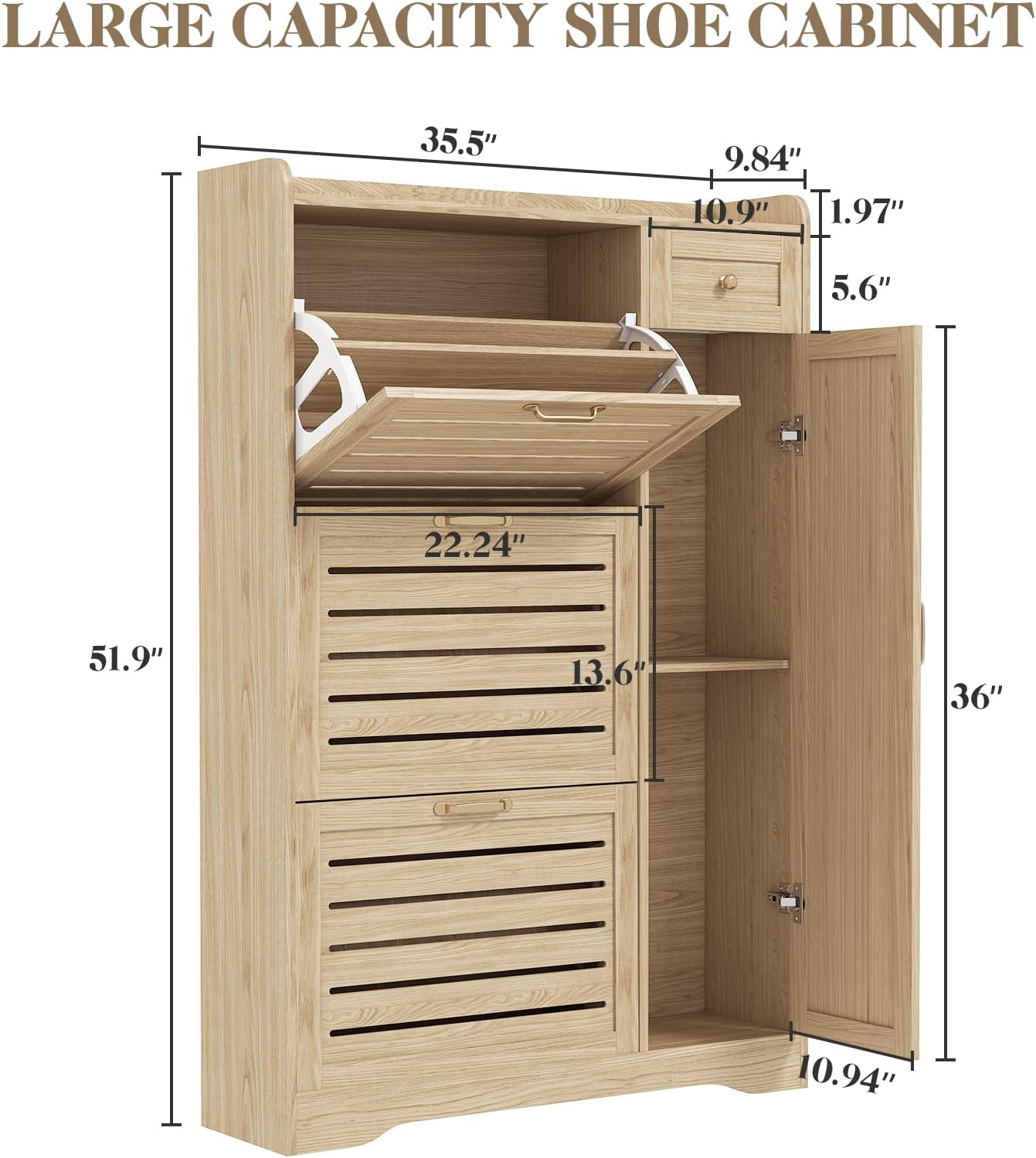 Narrow Shoe Cabinet Storage for Entryway, Hidden Shoe Rack Cabinet with Doors, 3 Flip Drawers & Adjustable Shelves, Thin Freestanding Boot Storage Closet Organizer, Ventilated Wood Design, Natural Oak