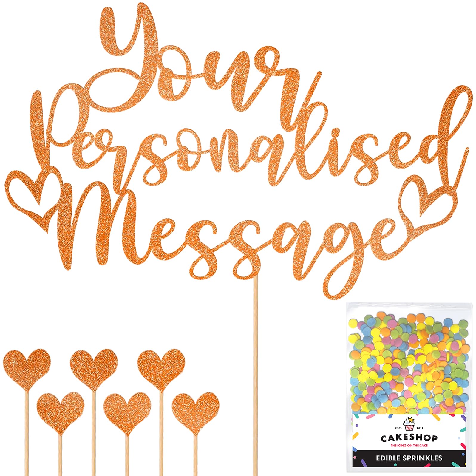 Any Text Personalised Glitter Cake Topper - Copper Orange Name, Age, Words Glitter Cake Decoration and Sprinkles - Happy Birthday Decorations - Personalised Toppers for Cakes by Cakeshop