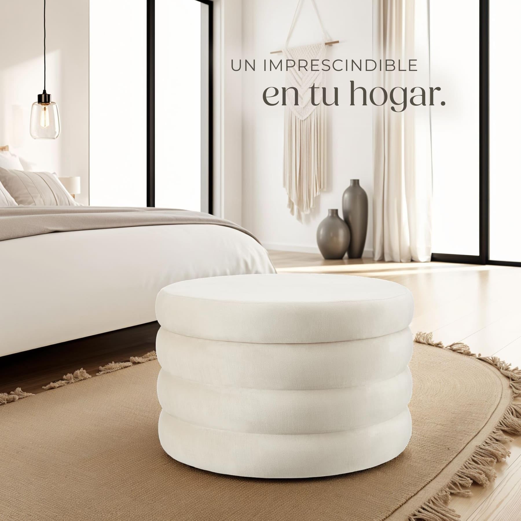 tectake® Taburete Almacenaje Bouclé, Carga: 150 kg, MDF, Puff Almacenaje, Taburete Dormitorio, Reposapies Puff, Zapatero Entrada Recibidor, Asiento Acolchado, Ideal Salón - 67 x 42 cm Blanco/Crema