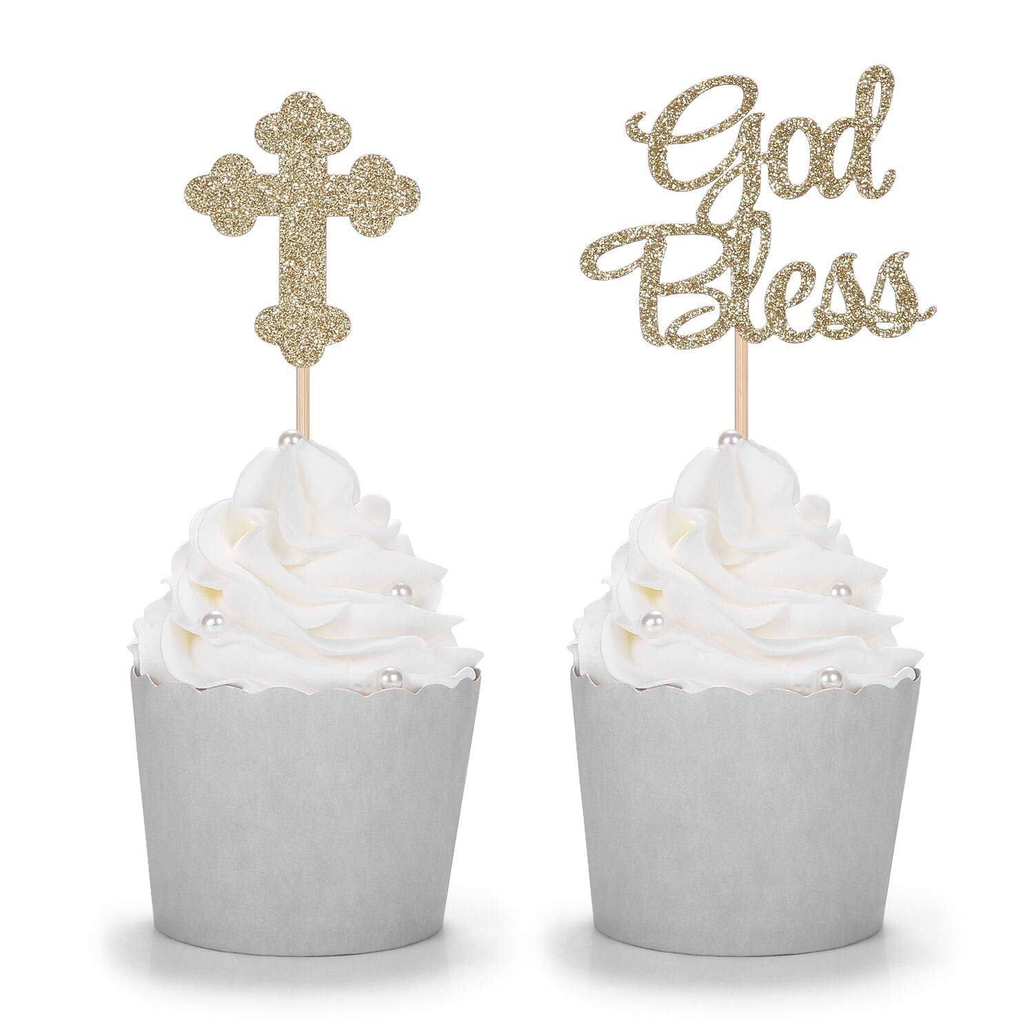 24 Counts Sparkly God Bless and Baptism Cupcake Toppers Christian Party Decorations