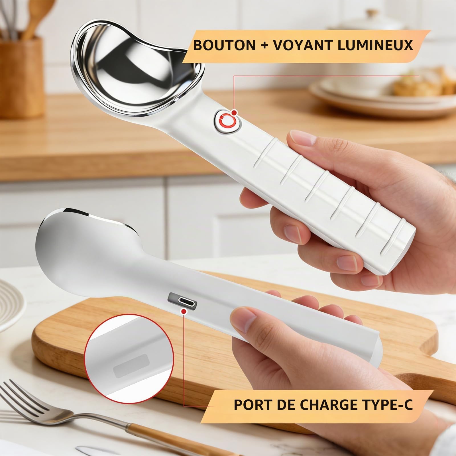 Cuillère à Glace Chauffante, Cuillere Glace Boule électrique | Chauffe à 45/70 °c, Rechargeable Pour Crème Glacée, Gelato Ou Yaourt Glacé, Facile Pour Les Personnes âgées Et Les Enfants
