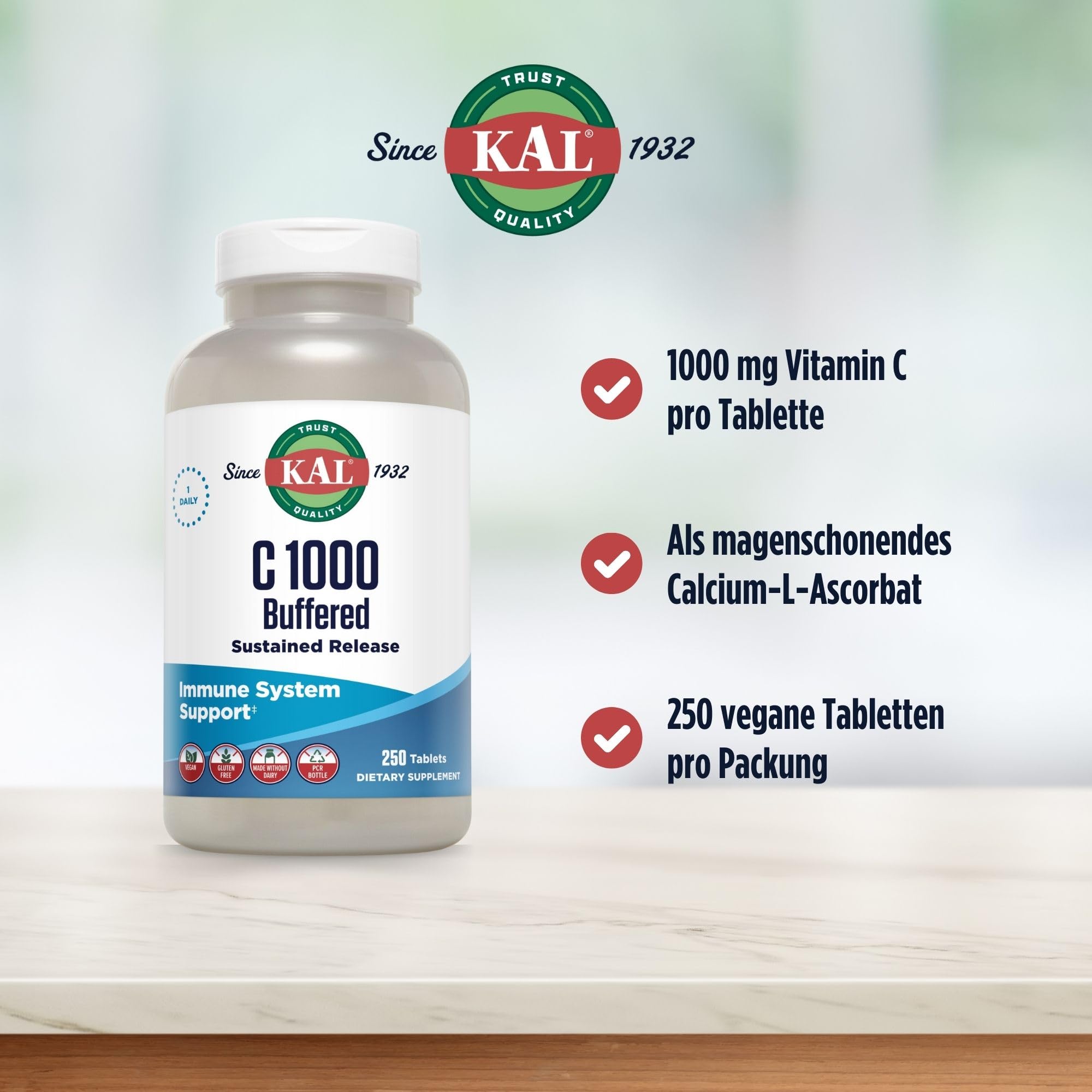 KAL Vitamin C 1000 Plus | 1000mg | 250 Tabletten | gepuffert | glutenfrei | vegan | ohne Gentechnik | laborgeprüft | Nahrungsergänzungsmittel mit VitaminC | Zellschutz | Stoffwechselprozesse