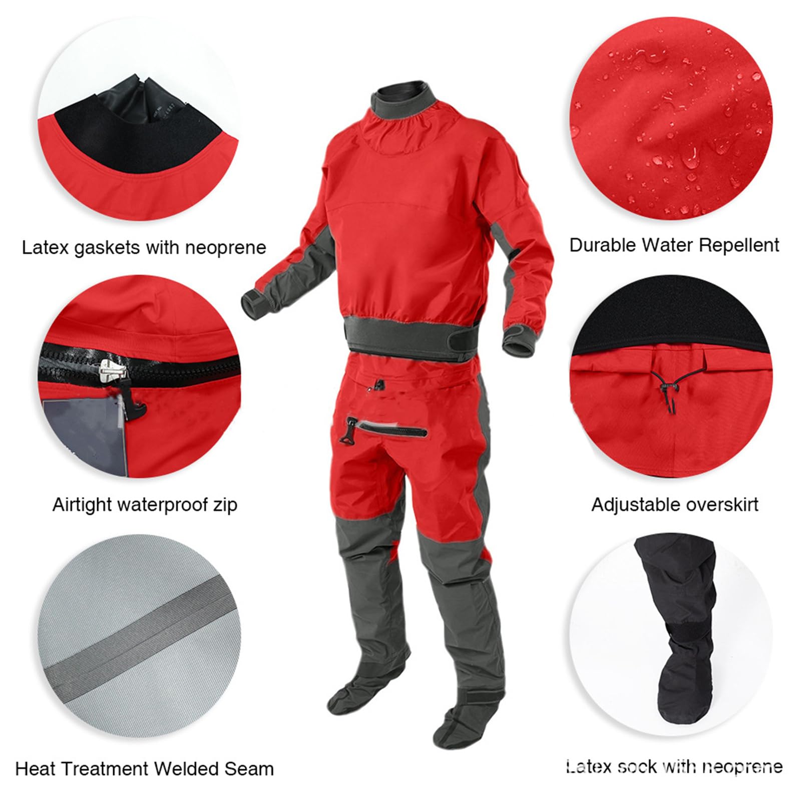 BEIAKE Men Back Zip Kayak Drysuit Latex Neck Gasket Dry Suit with Front Pockets for Kayak Rescue, Outdoor Sports