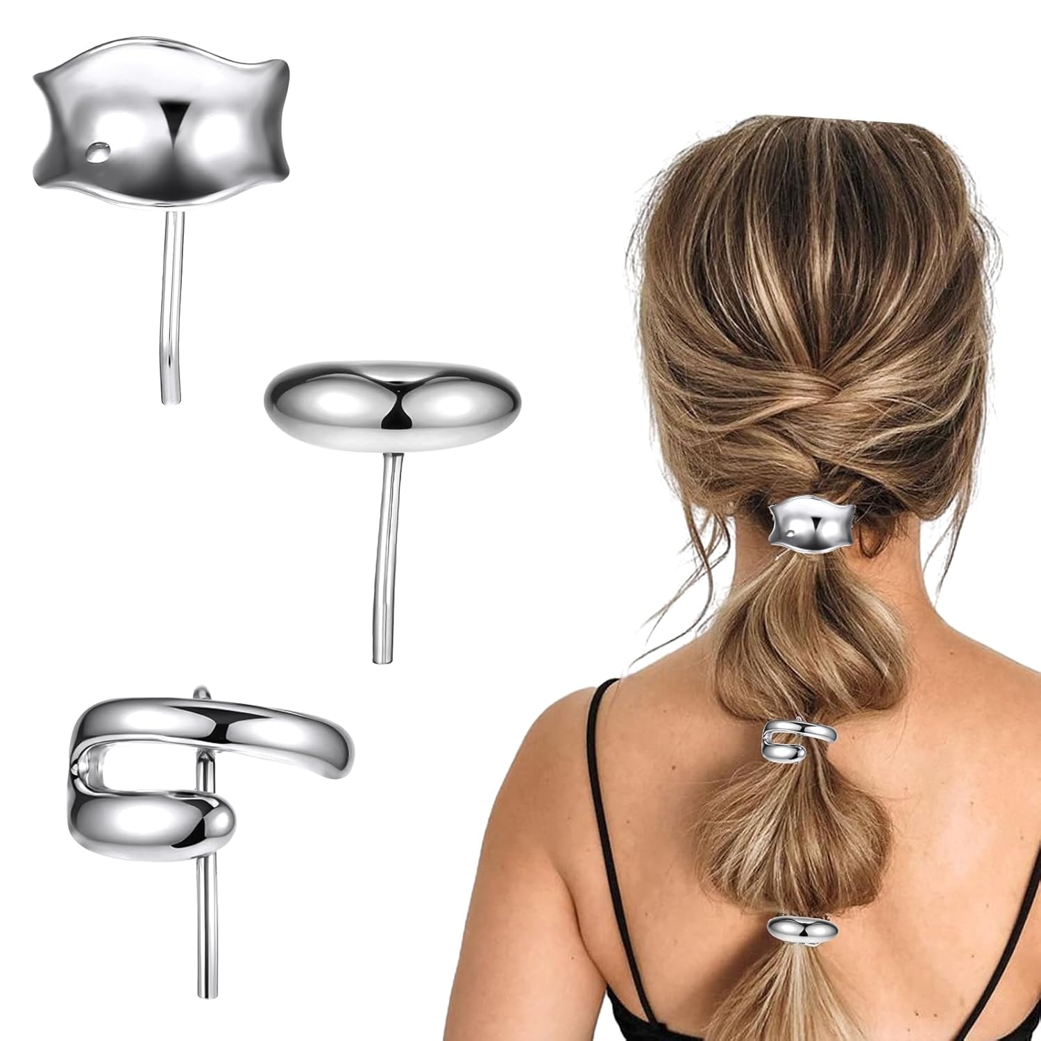 3 Pcs Silver Hair Cuffs - Decorative Ponytail Holders