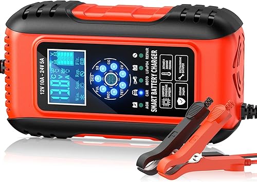 Cargador de goteo de 10 A, 12 V/24 V, batería automática inteligente, mantenedor de batería de carga de 7 etapas con función de reparación de pulso,