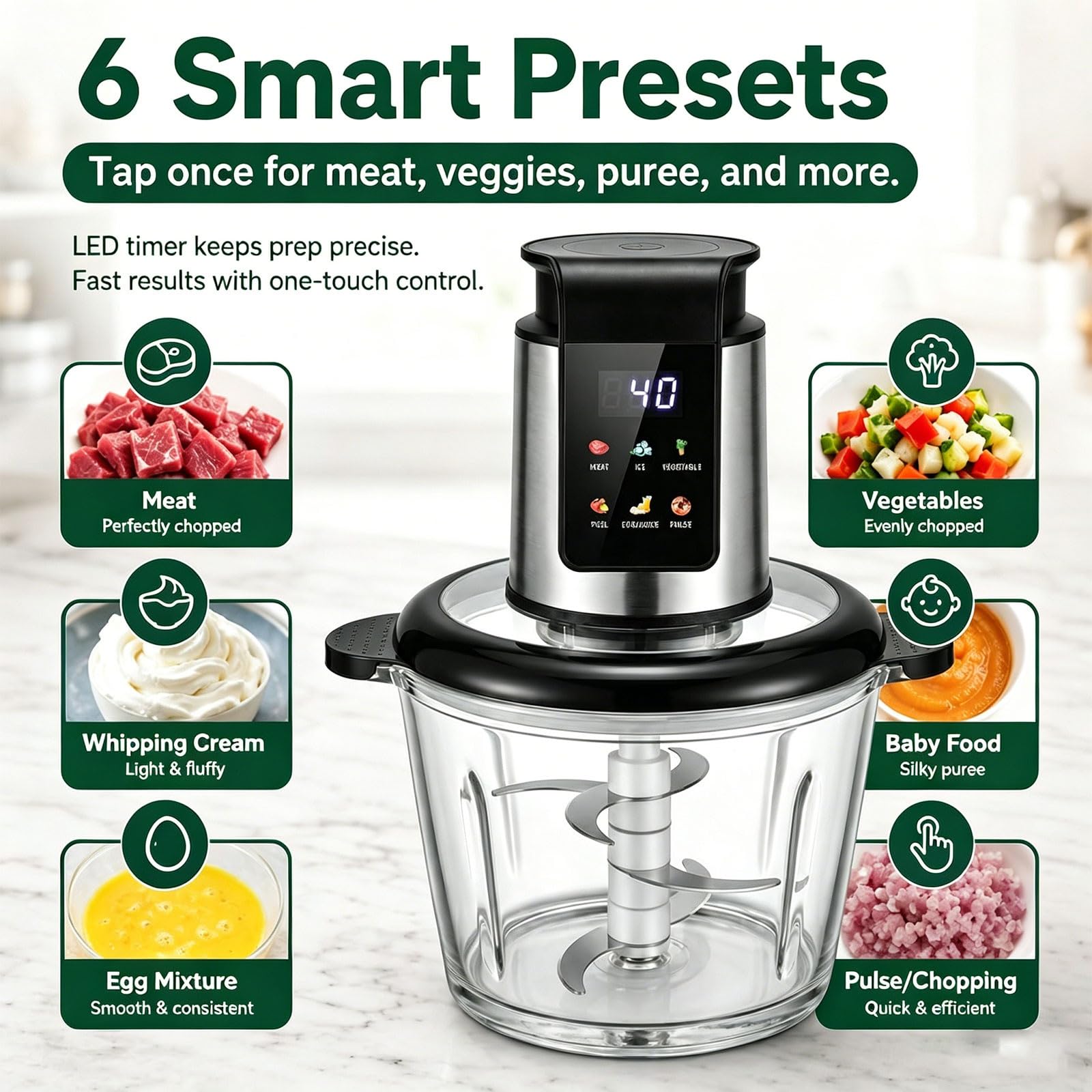 Procesadores De Alimentos Y Picador Eléctricos De 1000W Con Recipiente De Vidrio, 6 Temporizadores LED Preestablecidos Inteligentes Fondo Antideslizante