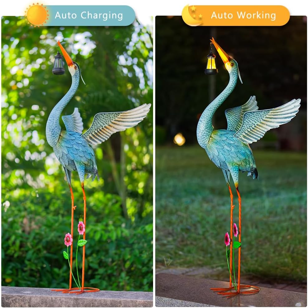 Crane Garden Statue with Solar Lantern, Large Blue Heron Outdoor Staue Garden Decor, Metal Crane Sculpture Yard Art Decor for Lawn, Backyard, Porch