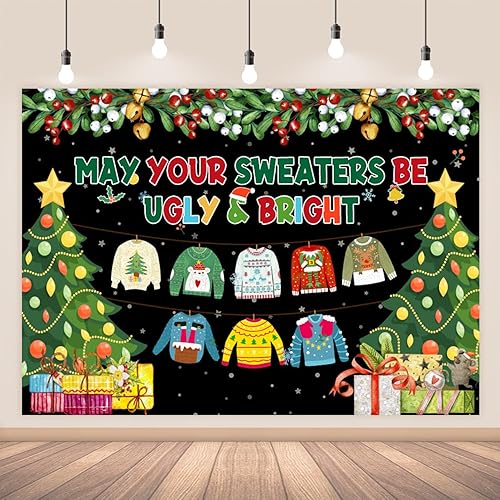 AIBIIN 7x5ft Winter Ugly Sweater Christmas Party Backdrop, May Your Sweater Be Ugly and Bright Colorful Lights Snowflake Photography Background Kids Party Decor Banner Photobooth Props