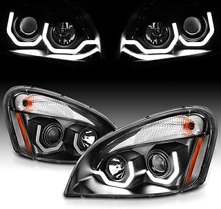 AmeriLite Projector Black Replacement Halogen Headlights Dual LED Bar Set For 2008-2020 Freightliner Cascadia (Pair) High/Low Beam Bulb Included, Vehicle Light Assembly