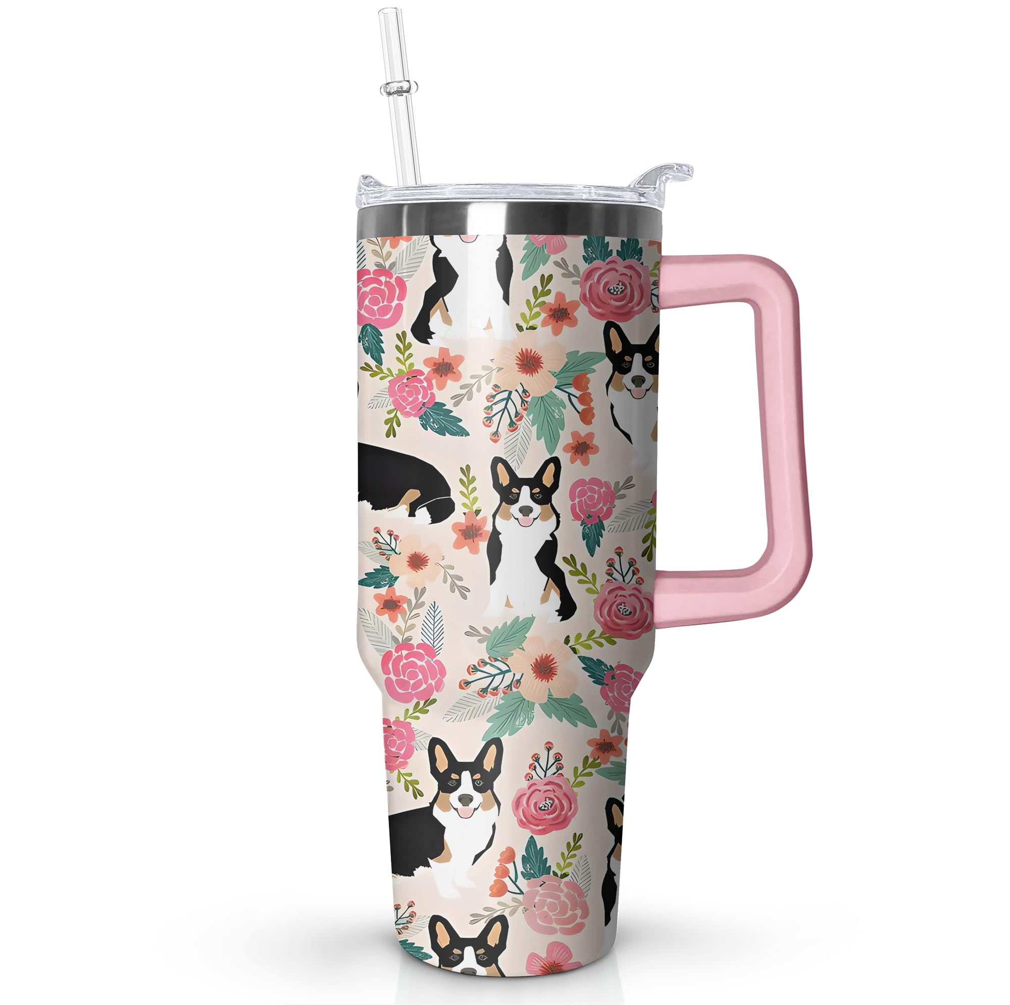 Xchearser 40 oz Cute Corgi Tumbler with Handle and Straw, Stainless Steel Insulated Cup with Lid and Straw, Travel Mug Water Bottle, Gifts for Women