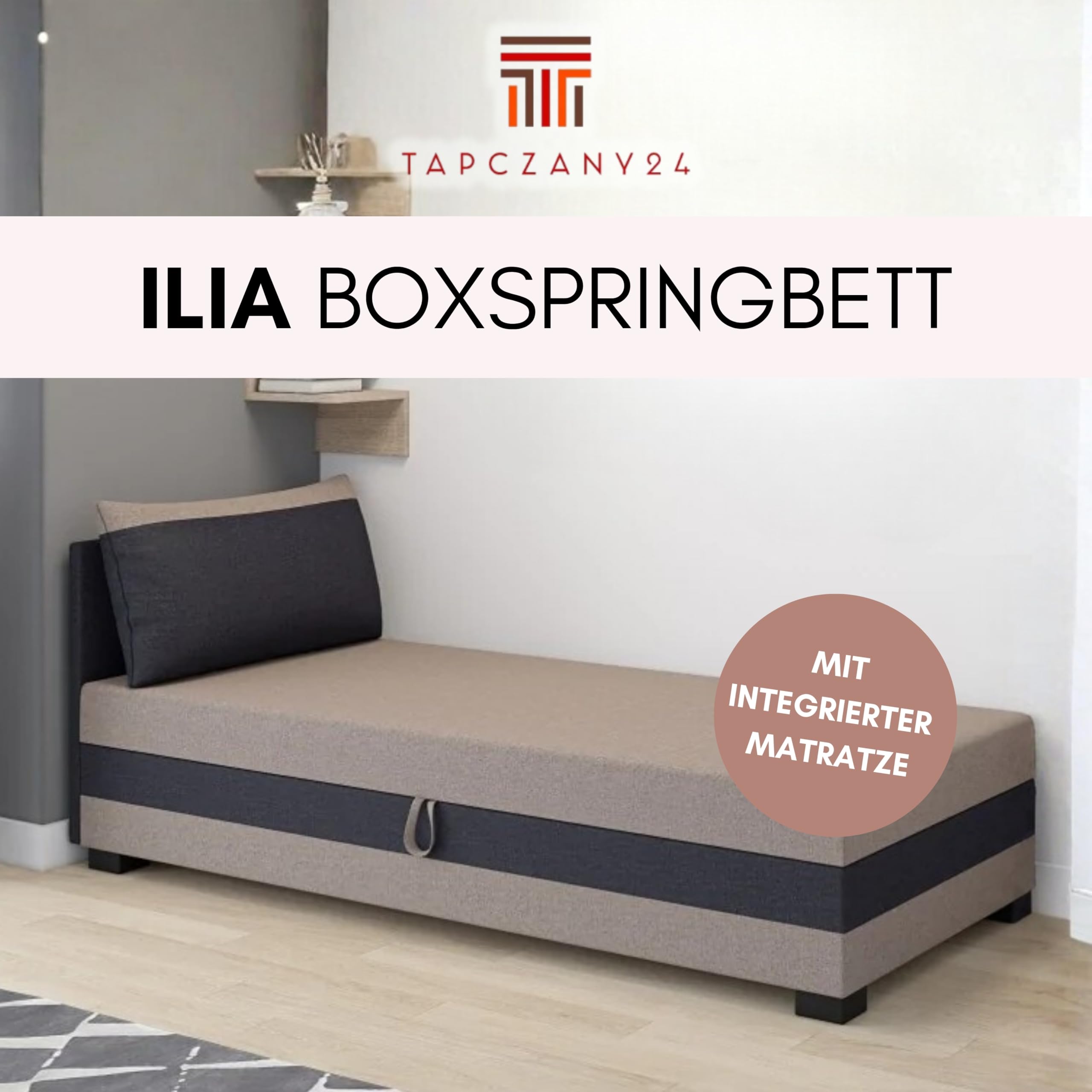 Boxspringbett Ilia 80x200x38 cm mit Schaumstoff Matratze, Bett mit Matratze, Polsterbett mit Bettkasten, Gepolstertes Einzel Bett, Schlafsofa - Beige Graphit