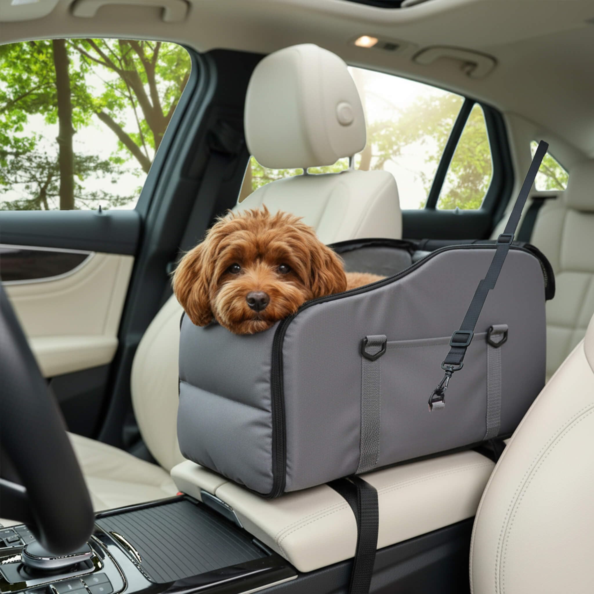 Solday Siège Auto Chat Chien Voiture 3-en-1, Panier Petit avec Laisse Sécurité & Sangles Réglables, Sac Transport Console Centrale Pliable pour Petits Chiens Chats ≤6KG, Gris