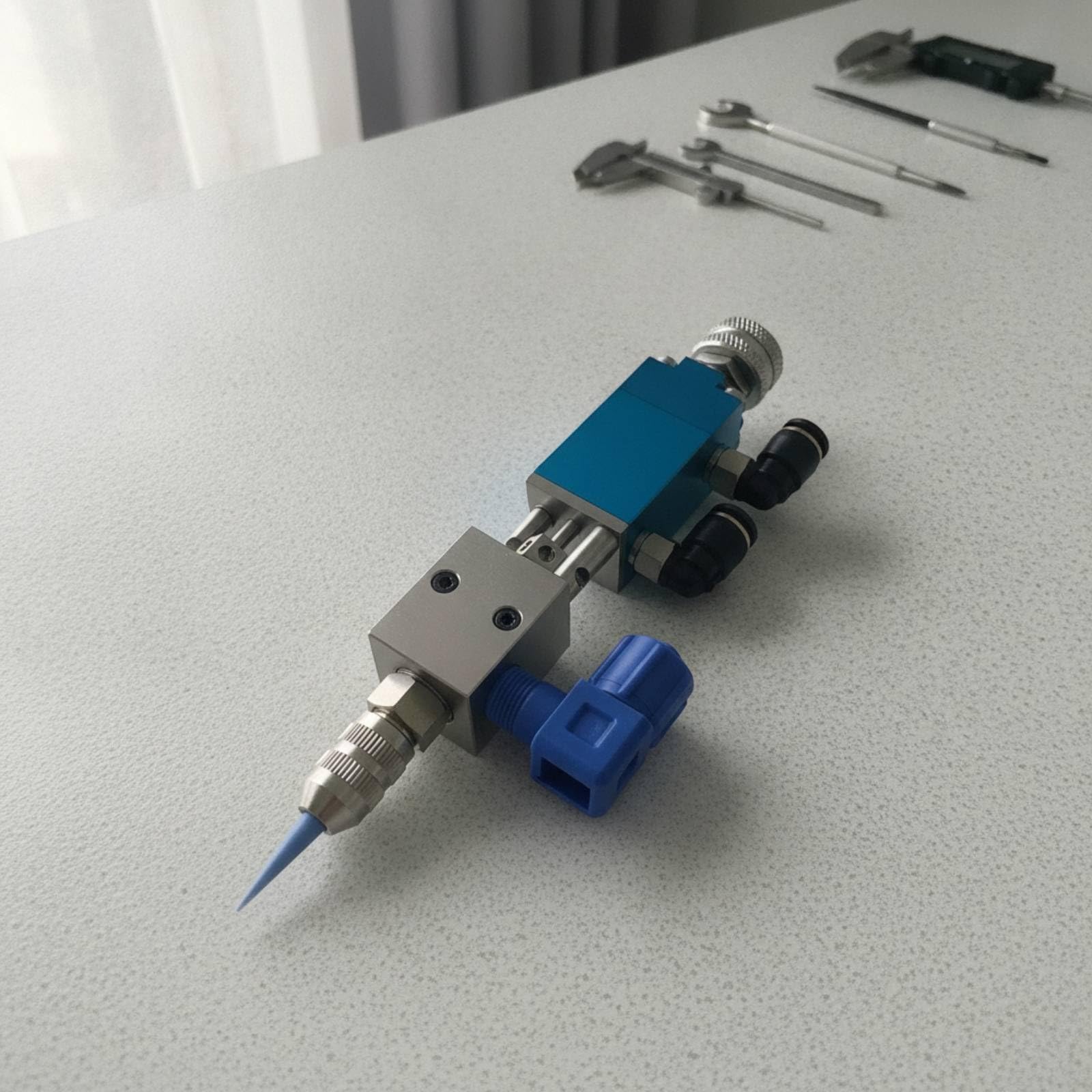 Generic Valvola di Dosaggio Microregolabile Valvola Pneumatica Dosatrice Valvola per Colla Valvola per Inchiostro in Acciaio Inox con Ugello Intercambiabile, YS-21B Blu Modello Con Interfaccia A Dado
