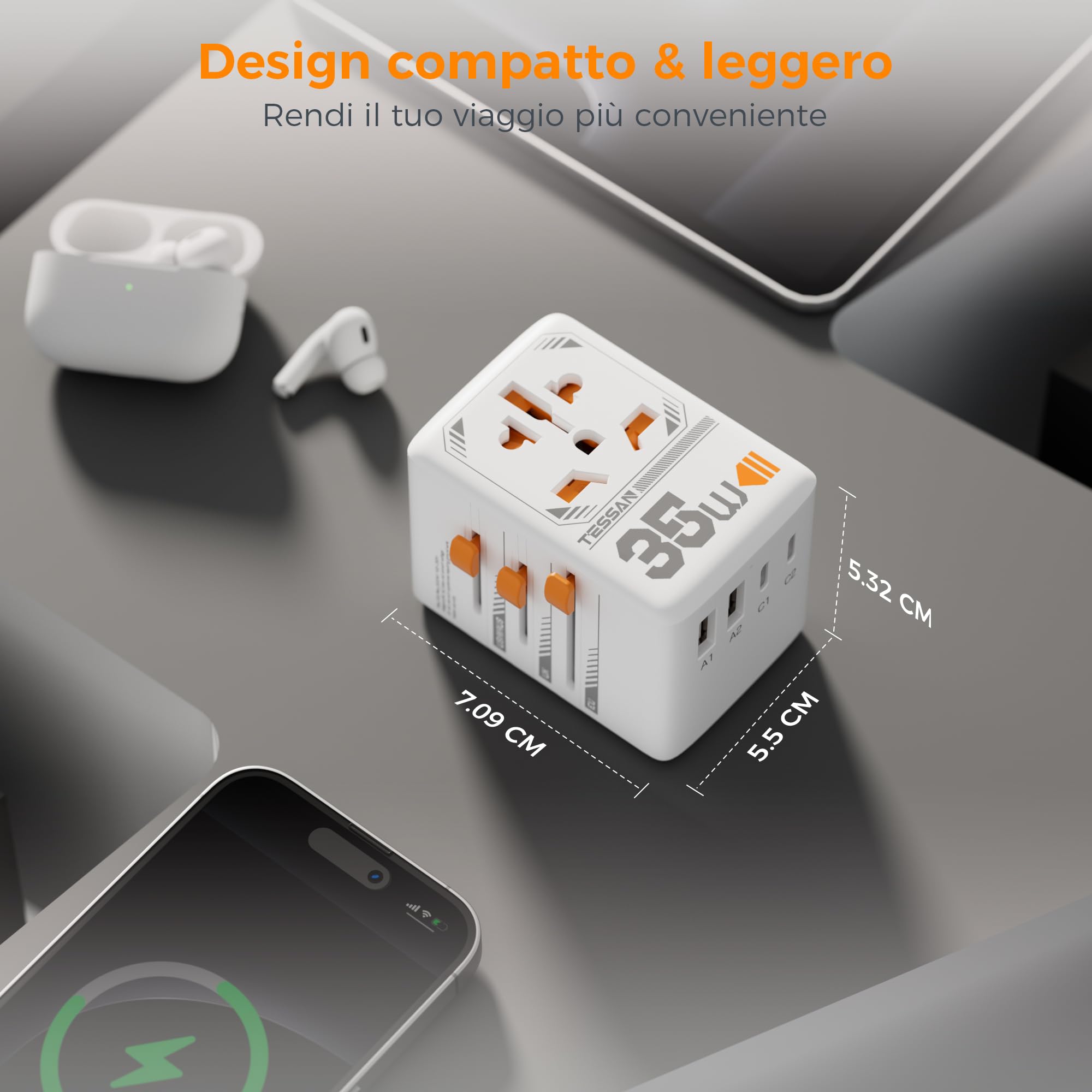 TESSAN 35W Adattatore Universale da Viaggio, Caricatore 35W, Presa Universale da Viaggio con 2 USB A e 3 USB C, Adattatore Presa Internazionale per UK, USA, Australia, Tailandia, Giappone