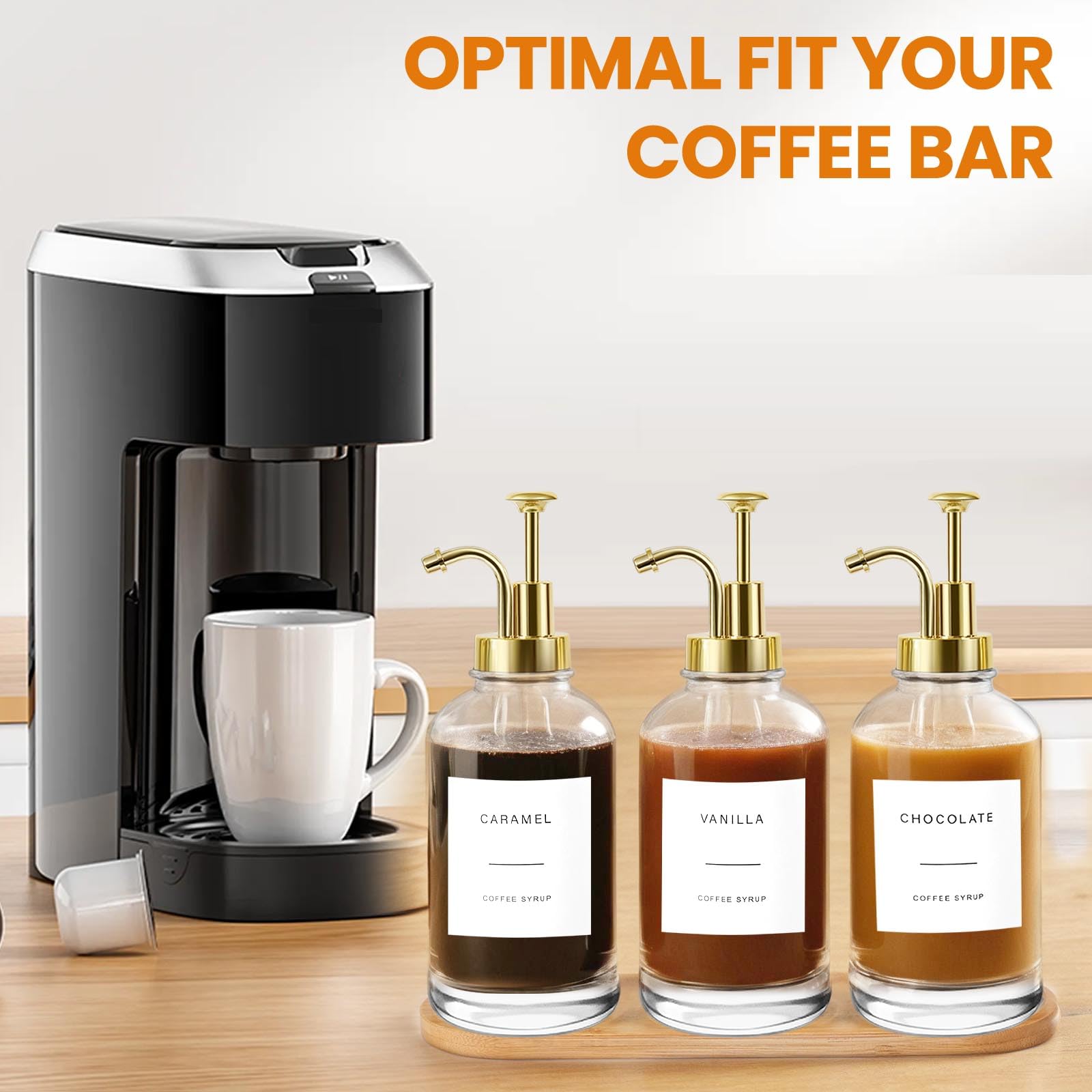 Sunal Confezione da 3 dispenser per sciroppo di caffè, 500 ml, dispenser per sciroppo dorato con vassoio, bottiglie a pompa in vetro con imbuto e 36 etichette per cucina e bar