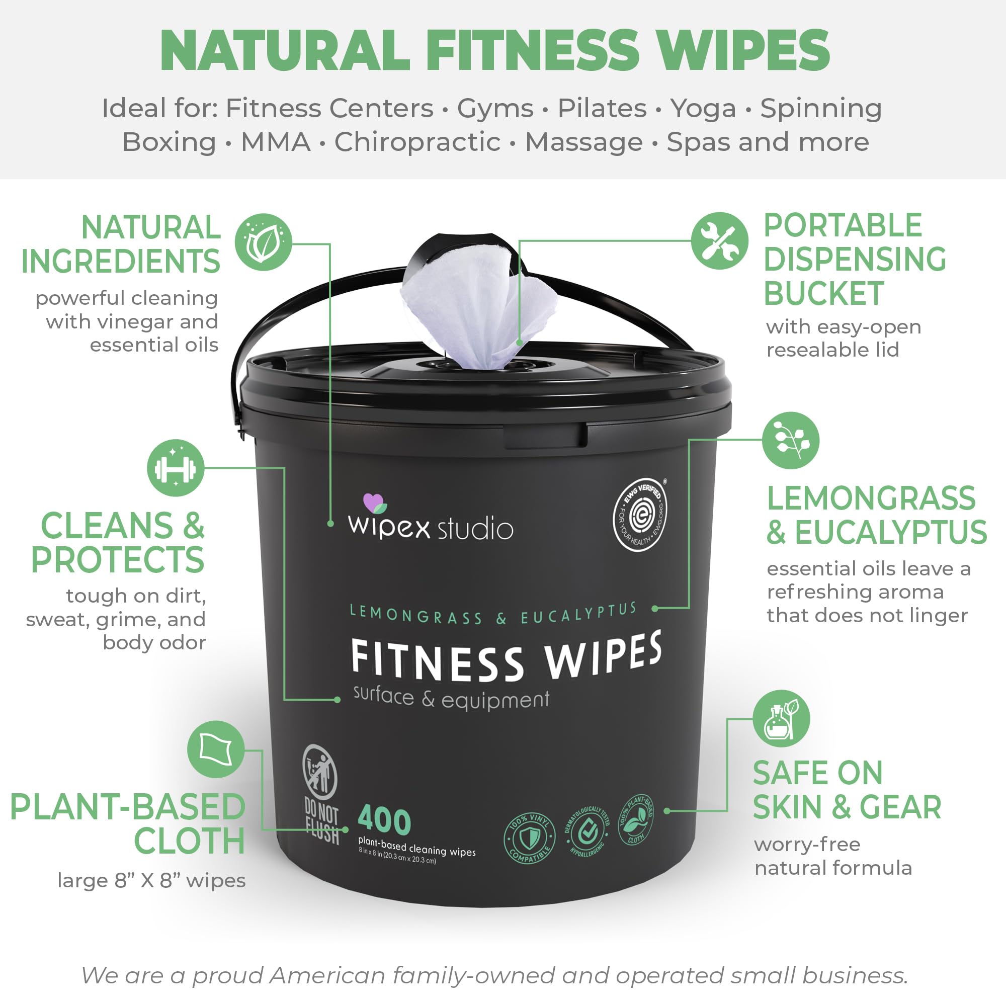 Wipex Toallitas limpiadoras de esterilla de yoga, verificadas por EWG, 400 unidades de limoncillo, eucalipto y vinagre a base de plantas, para equipos de gimnasio y fitness y limpieza de gimnasio