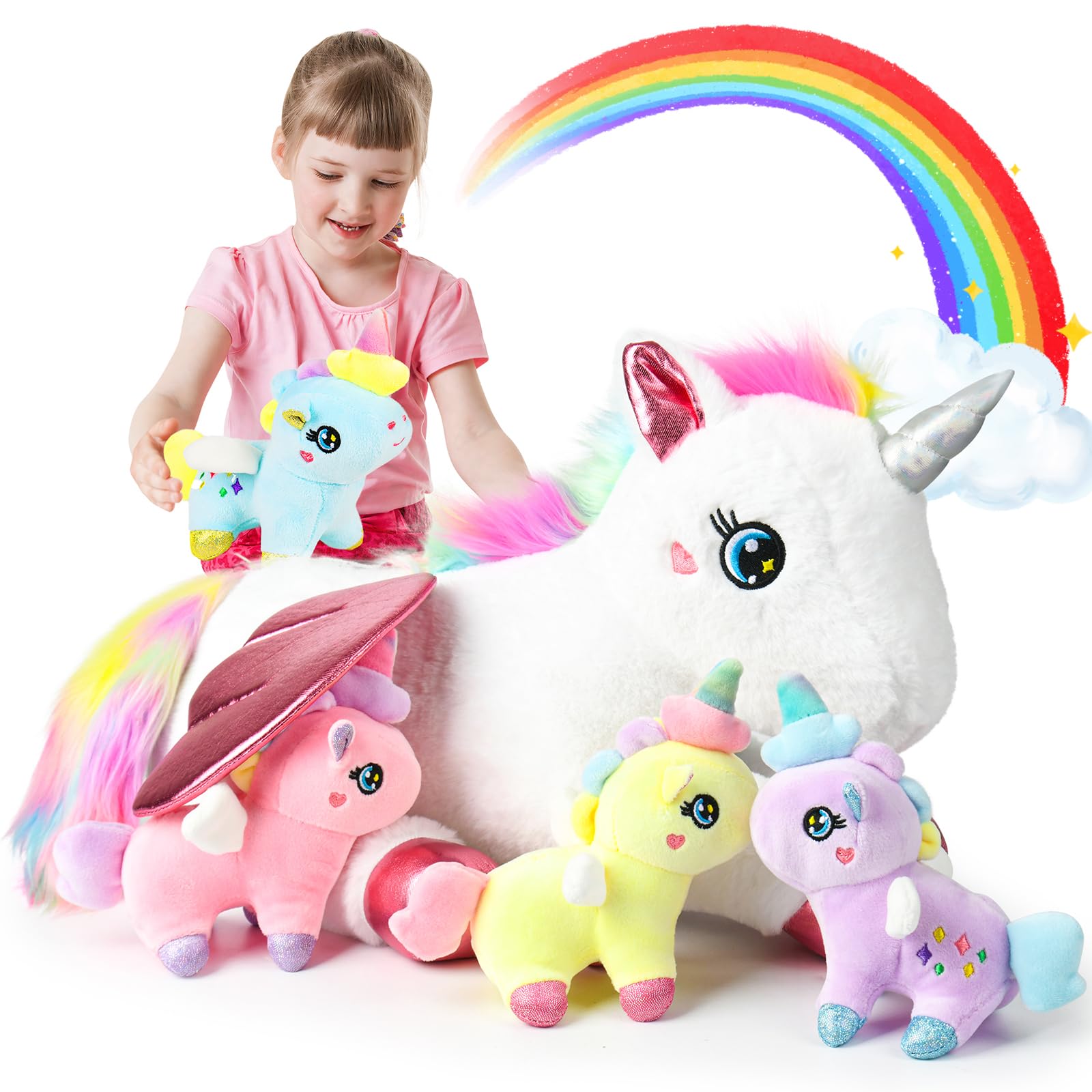 UMIKOOL DIRECT 5 Pieces Colorful Unicorn Plush Toy for Girls Ages 4-6, Unicorn Mommy Stuffed with 4 Baby Unicorns in Her Tummy, Rainbow Flying Unicorn