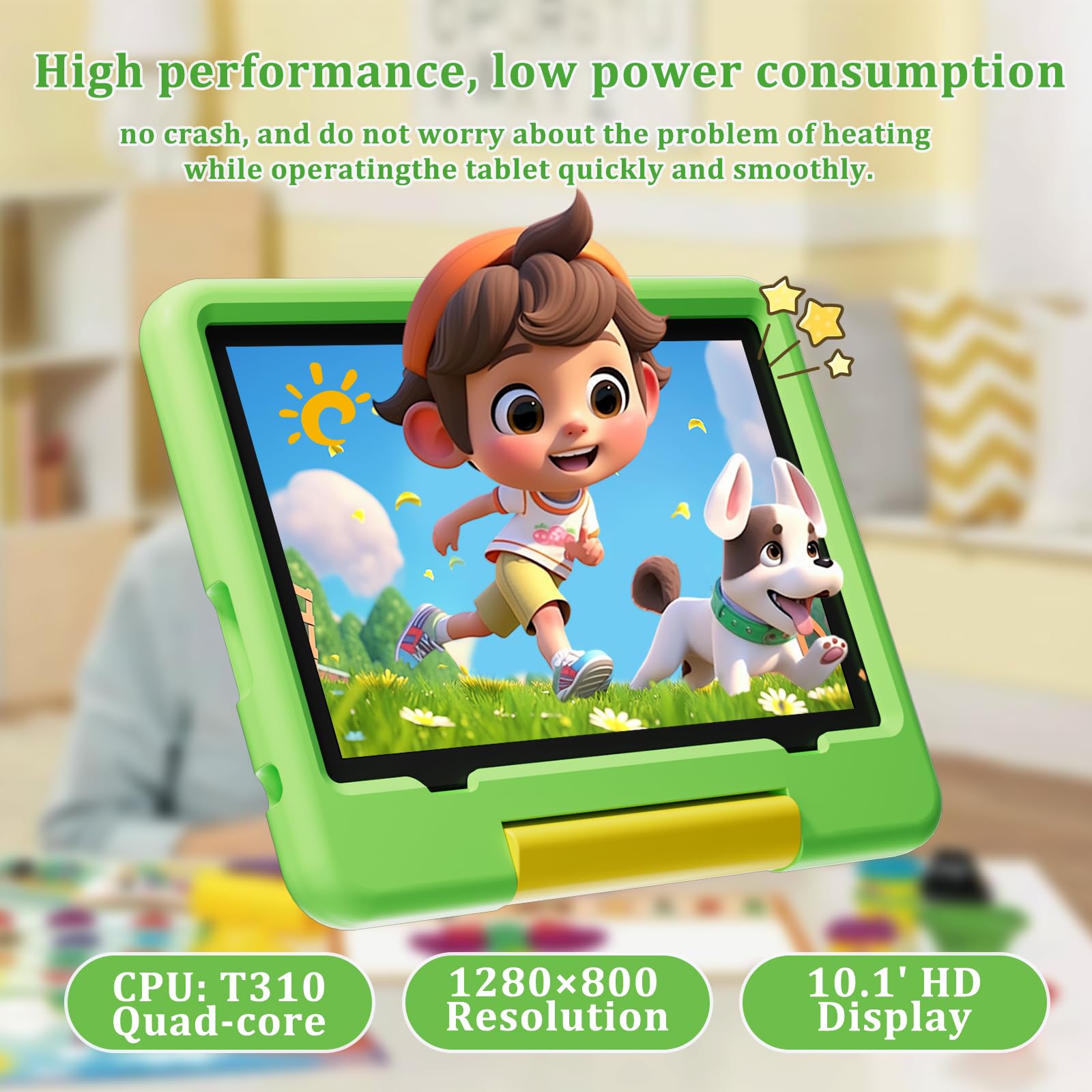 PEICHENG Tablet per bambini con custodia protettiva in EVA, Android 15.0 Toddler Tab PC 10.1Inch RAM 20GB (4+16Expand) + ROM 128GB IPS 800 * 1280 5.0Bluetooth (verde)