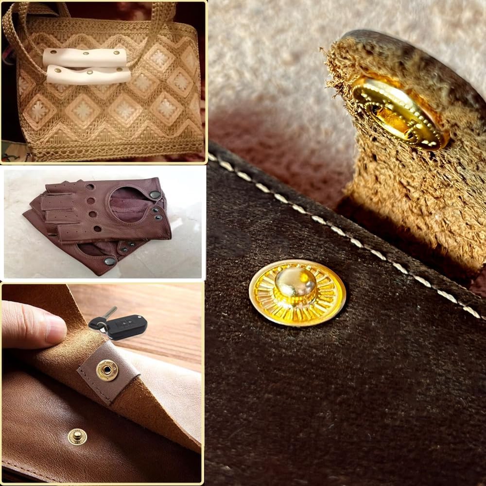 15MM Leather snap Fasteners kit， Brass Metal Button Snaps for Clothes、Jackets、Jeans 、Wears Bags (with Standard Install Tool、Practice Operations Webbing (15MM 6 Colors, 120)