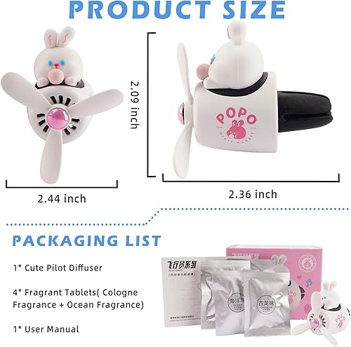 Miniatura 4 de Ambientador de aire para coche, lindo conejo de dibujos animados, piloto, difusor de coche, hélice giratoria, ventilador de salida de aire