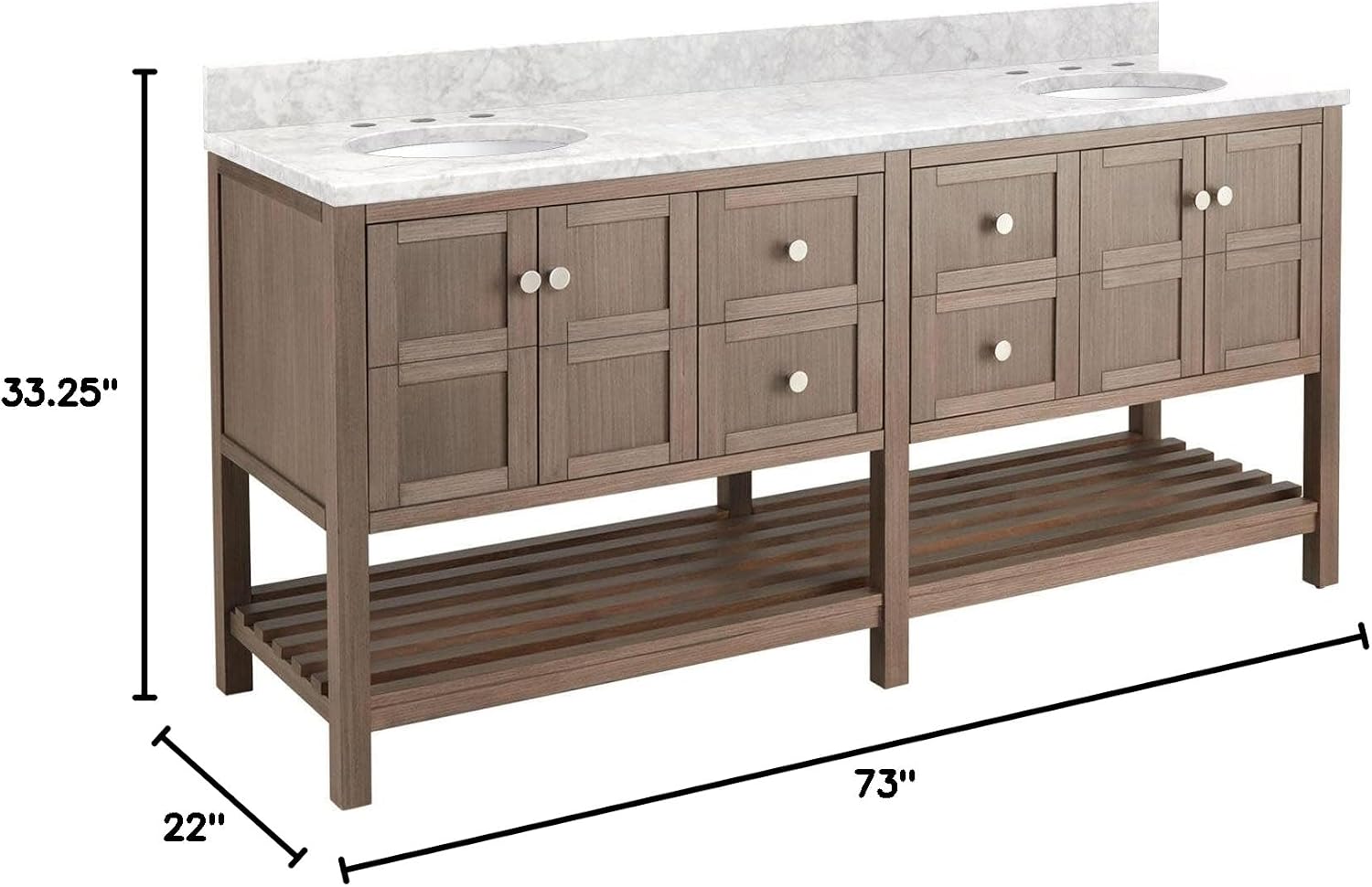 Signature Hardware 952417-UM-8 Olsen 72" Freestanding Double Basin Vanity Set with Cabinet, Vanity Top, and Oval Undermount Sinks - 8" Faucet Holes - Ash Brown/Carrara Marble