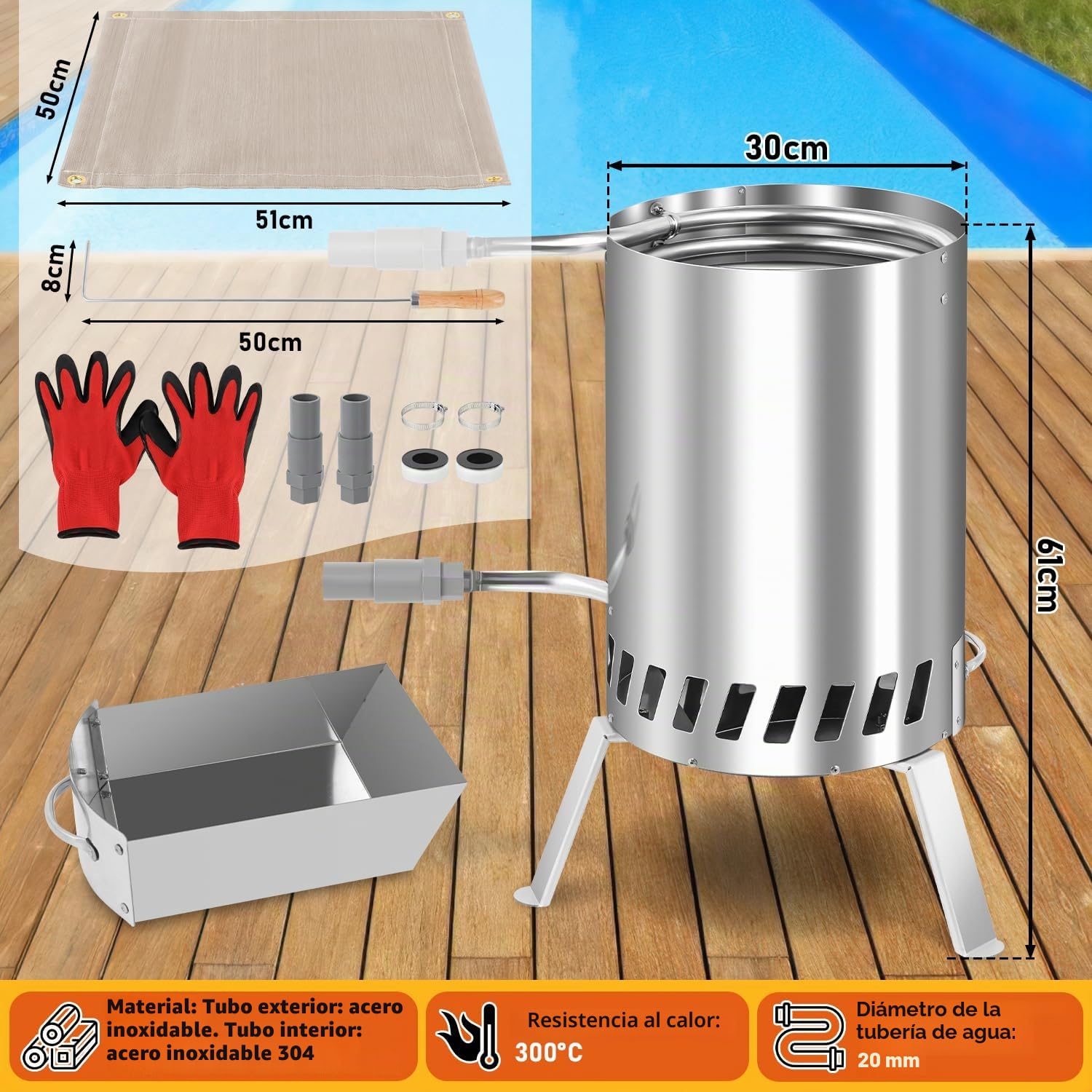Gimisgu Calefacción para piscina de leña, calefacción de piscina con fuego, calentador de piscina, barril de fuego de acero inoxidable, cubo de fuego climatizado, 32/38 mm, conectores 100% de acero