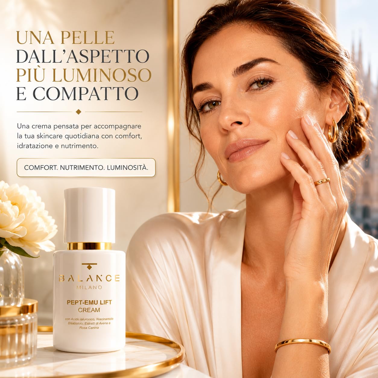 Crema Viso Idratante Acido Ialuronico e Niacinamide - Made in Italy - 50ml | Crema Illuminante Viso Rosa Canina e Avena - Anti Age a Rapido Assorbimento - Tutti Tipi di Pelle - Skin Care BALANCE MILANO